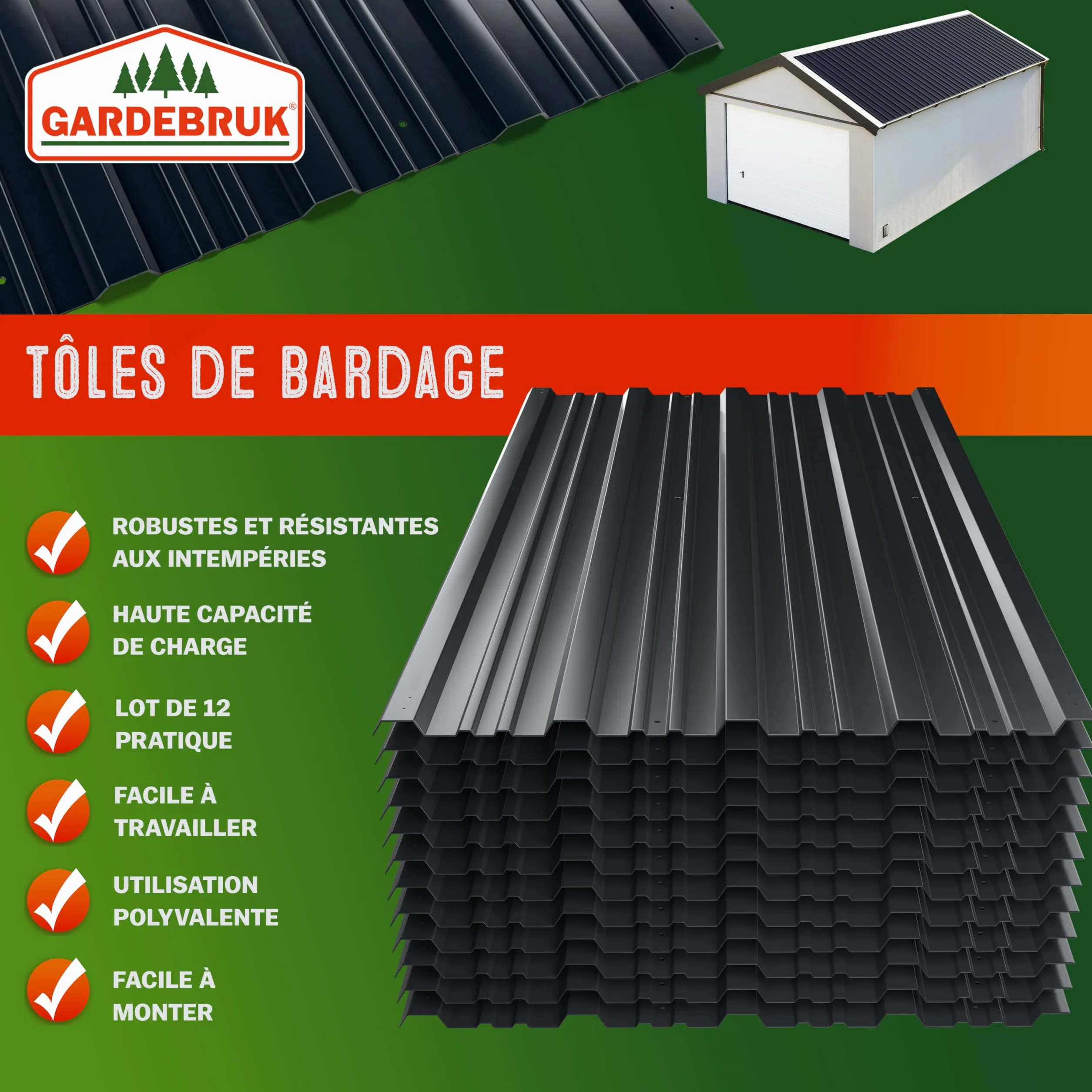 GARDEBRUK® 12x Tôles de bardage 129x46cm 7m² tôle trapézoïdale ondulée profilée résistante intempéries galvanisé plaque abri de jardin anthracite