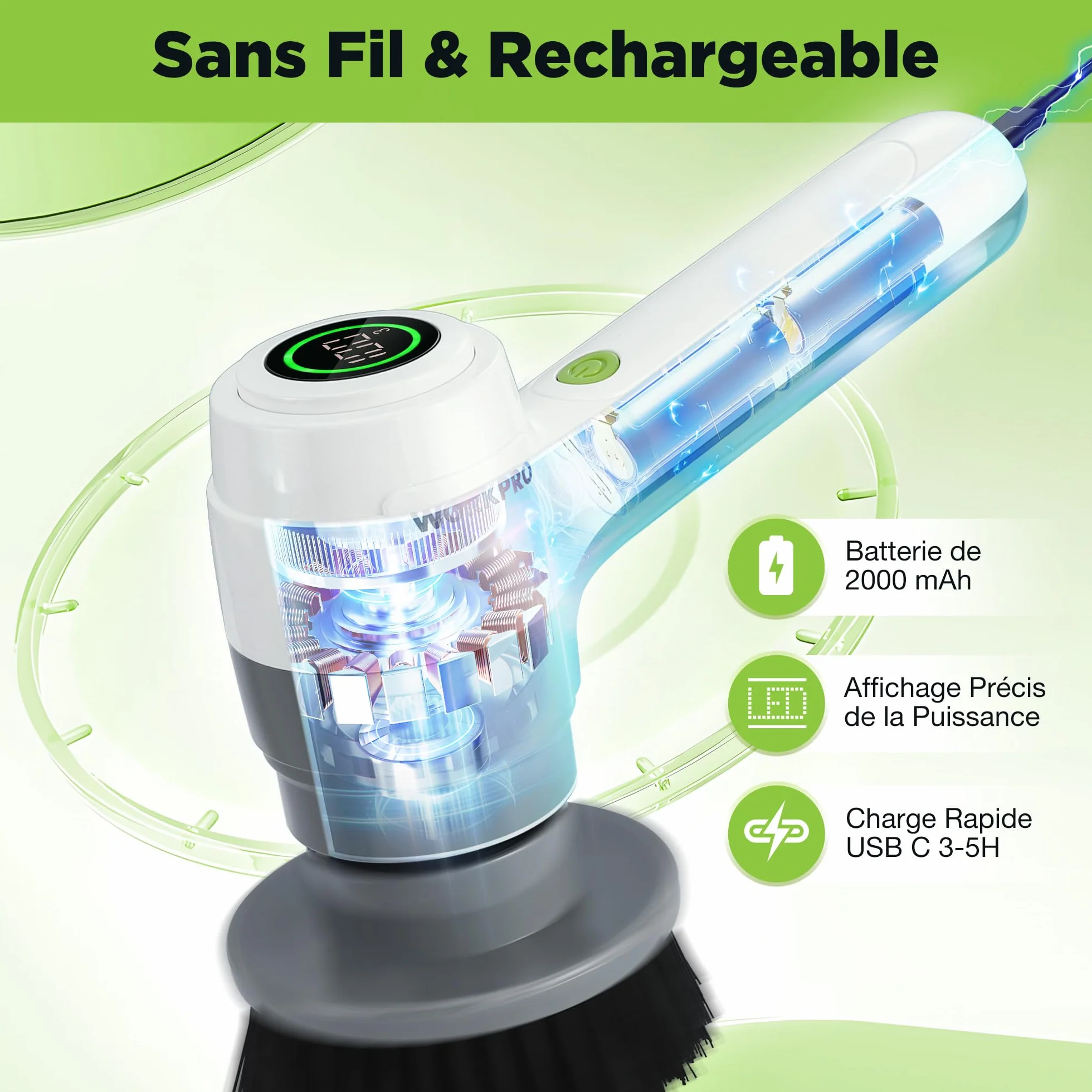 WORKPRO Brosse de Nettoyage Rotative avec 6 Brosses, Brosse sans Fil 8V, 3 Vitesses Réglables (200/350 / 500 TR/Min), IPX6, Électrique Rechargeable pour Salle de Bain, Cuisine et Fenêtres