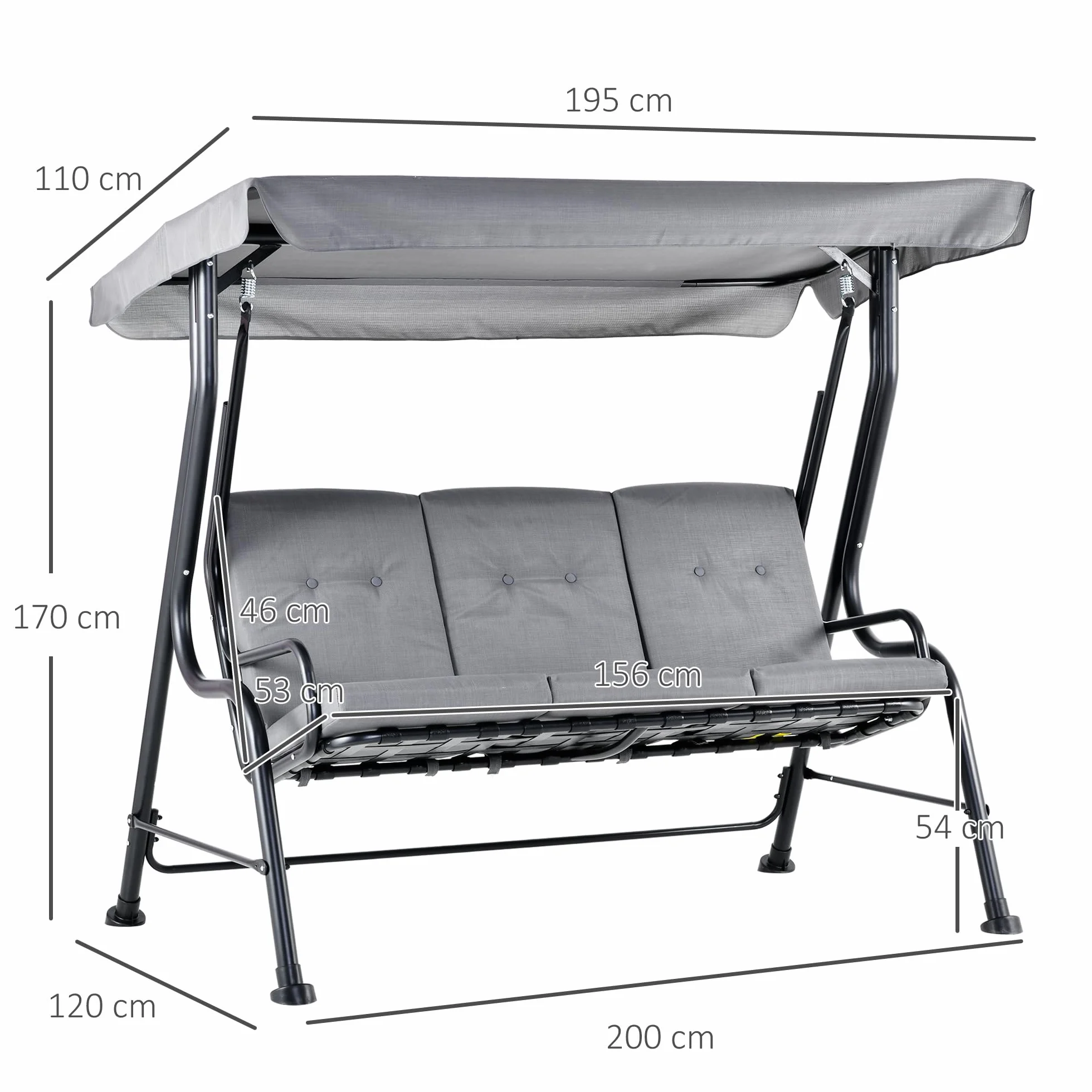 Outsunny Balancelle de Jardin 3 Places Grand Confort Toit Inclinaison réglable Coussins Amovibles Polyester Acier Gris