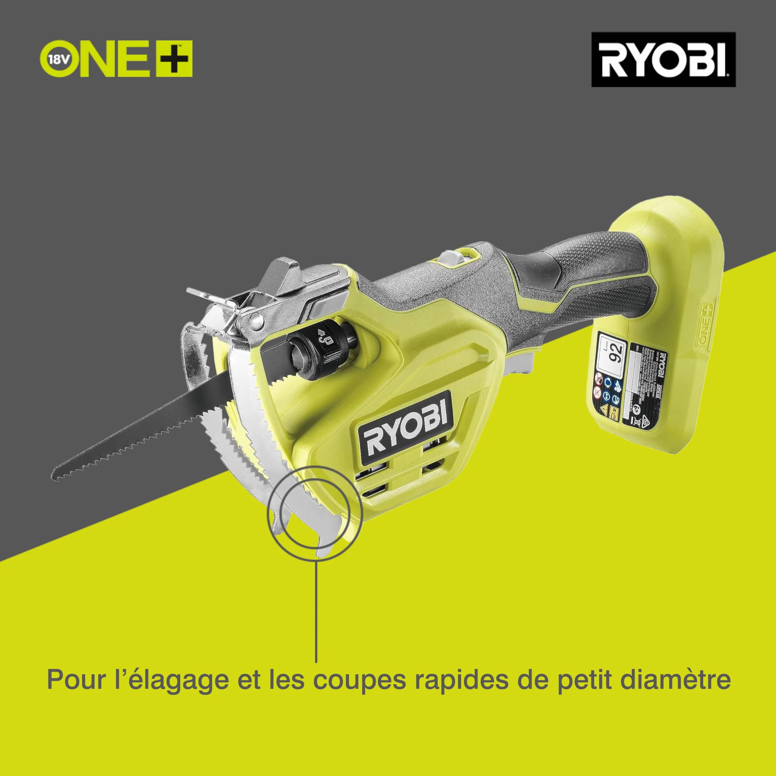 RYOBI - Élagueur/Scie à mainSans Fil 18V ONE+ RY18PSA-0 – Guide 15 cm, Poignée GripZone – Idéale Elagage, coupe Petit diamètre, Travail de précision – Batterie Non Incluse