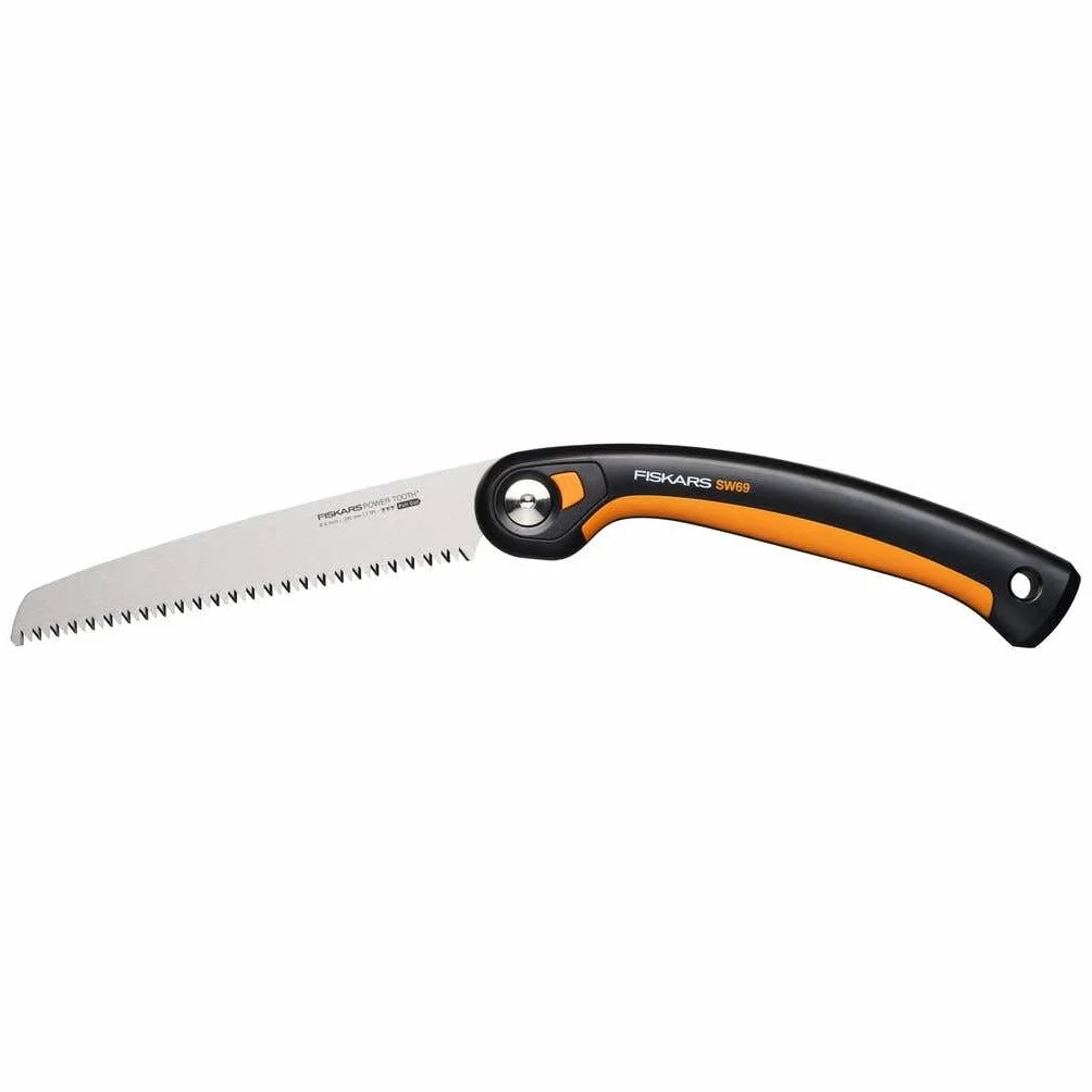 Fiskars Plus Scie Pliaple, pour Troncs et Branches épais, 3 positions de Coupe, Lame Power Tooth tranchante, Denture grossière, Longueur de la lame : 21 cm, Noir/Orange, SW69, 1067553