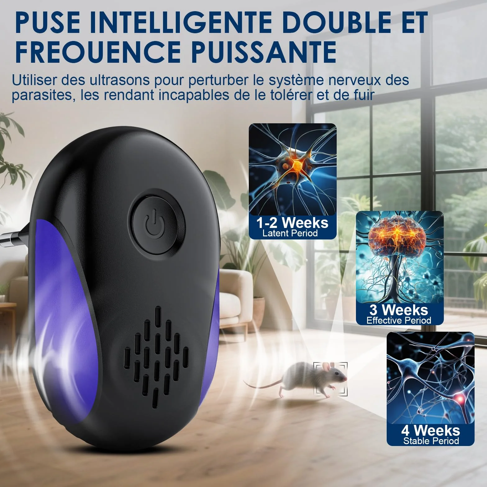 Répulsif Ultrason Souris et Rats 4 Pack, Puissant Ultrasonique Anti Nuisibles Rongeurs Araignée Noir