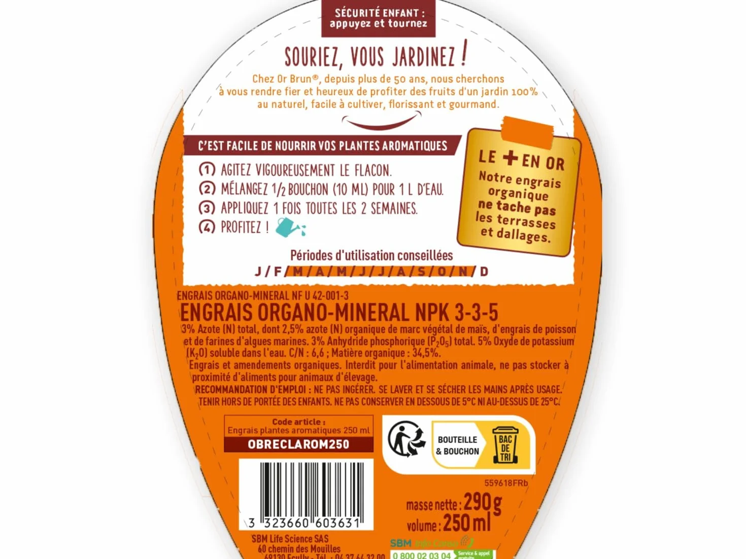 Engrais Plantes Aromatiques 250ml Utilisable en Agriculture Biologique Fabriqué en France OR BRUN