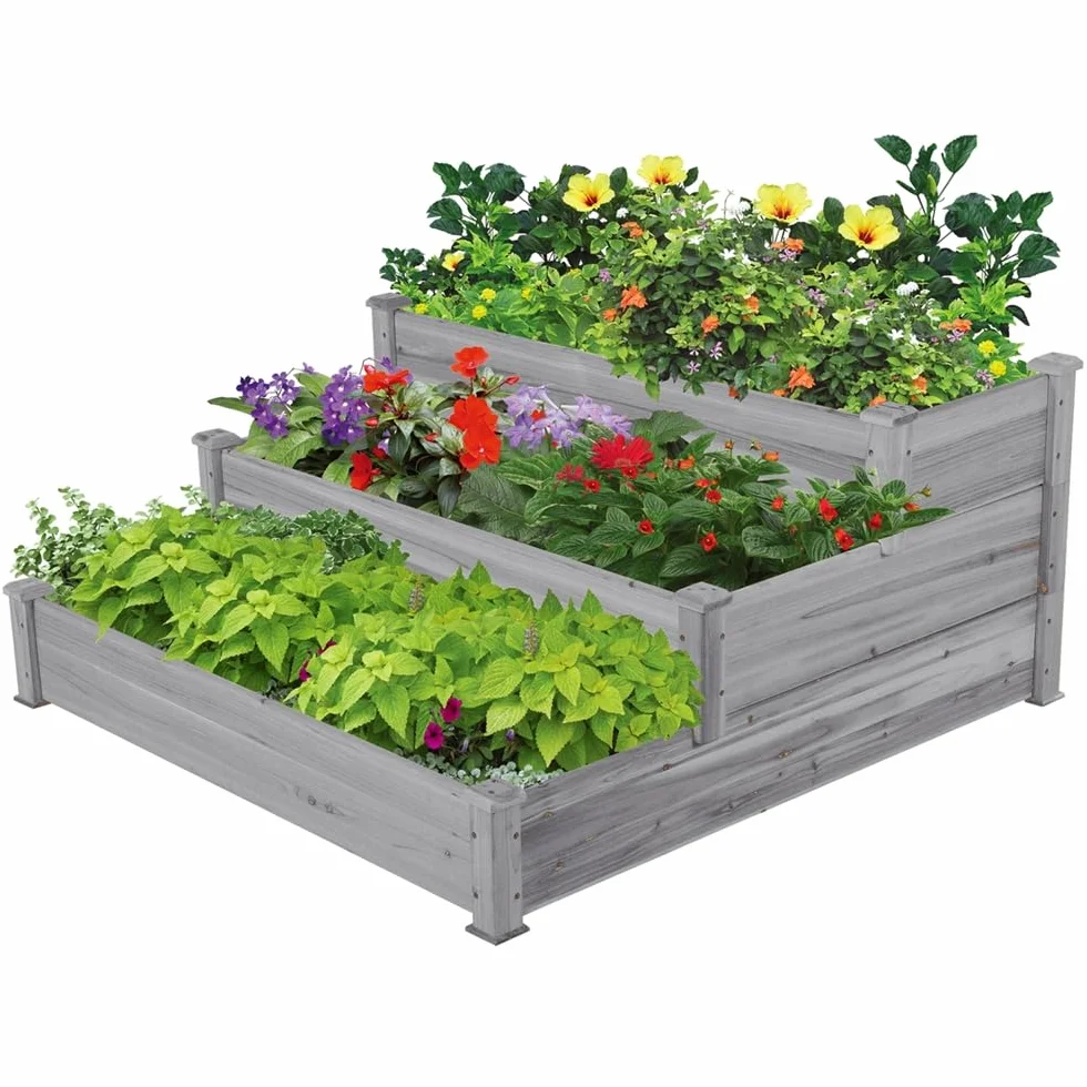 Yaheetech Carré à Plantes en Bois 120 x 120 x 56 cm Potager Surélevé 3 Étages