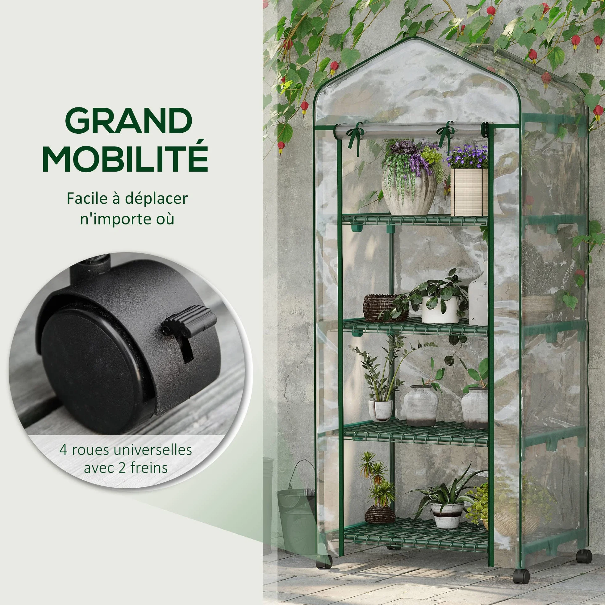 Outsunny Serre de Jardin 4 Niveaux avec étagères, Balcon, bâche renforcée, Acier, Porte zippée, 69x50x165 cm