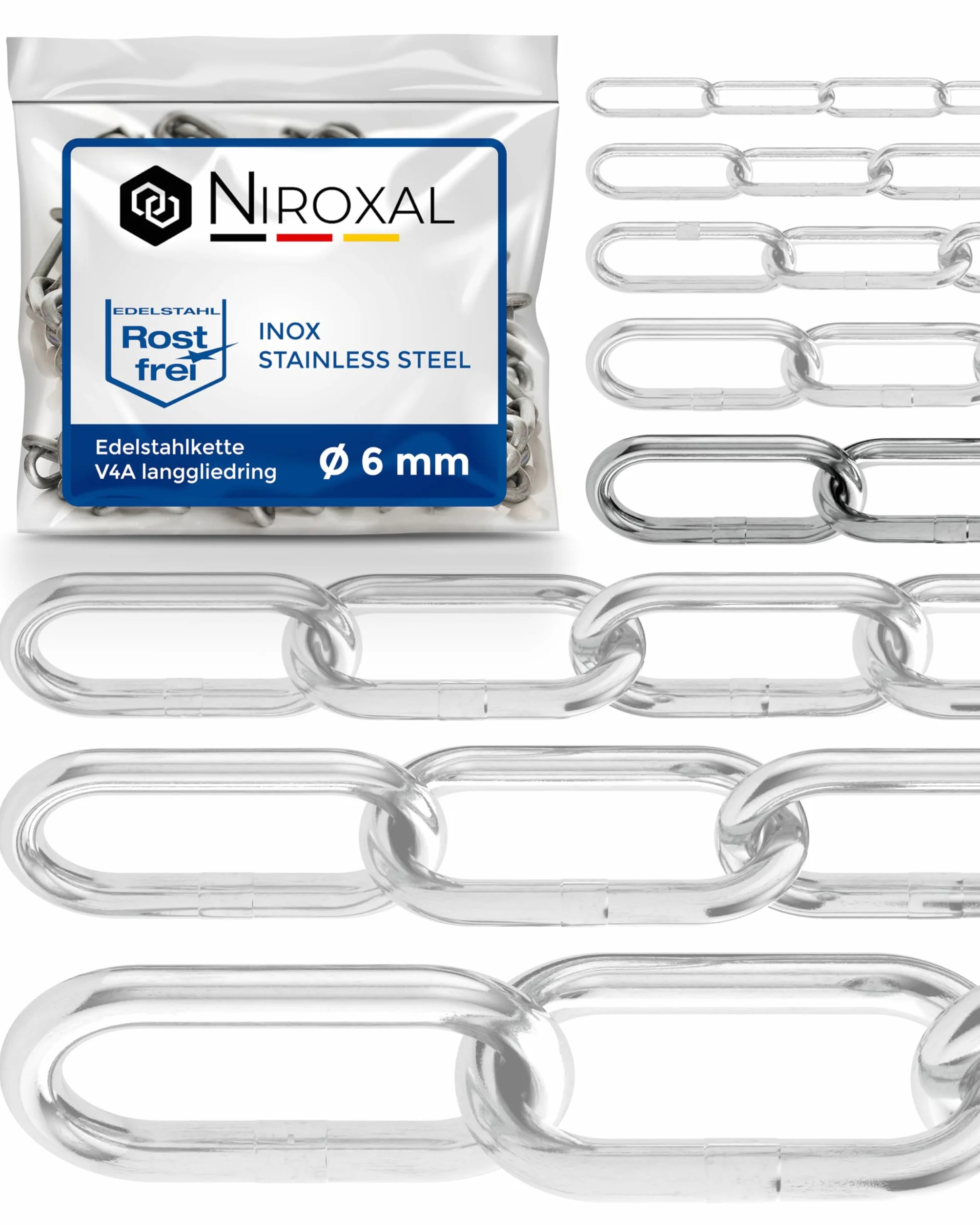 Chaîne inox A4 / 316 6 mm – 4 m – lot de 1 – chaîne polyvalente extérieure – extérieur qualité marine