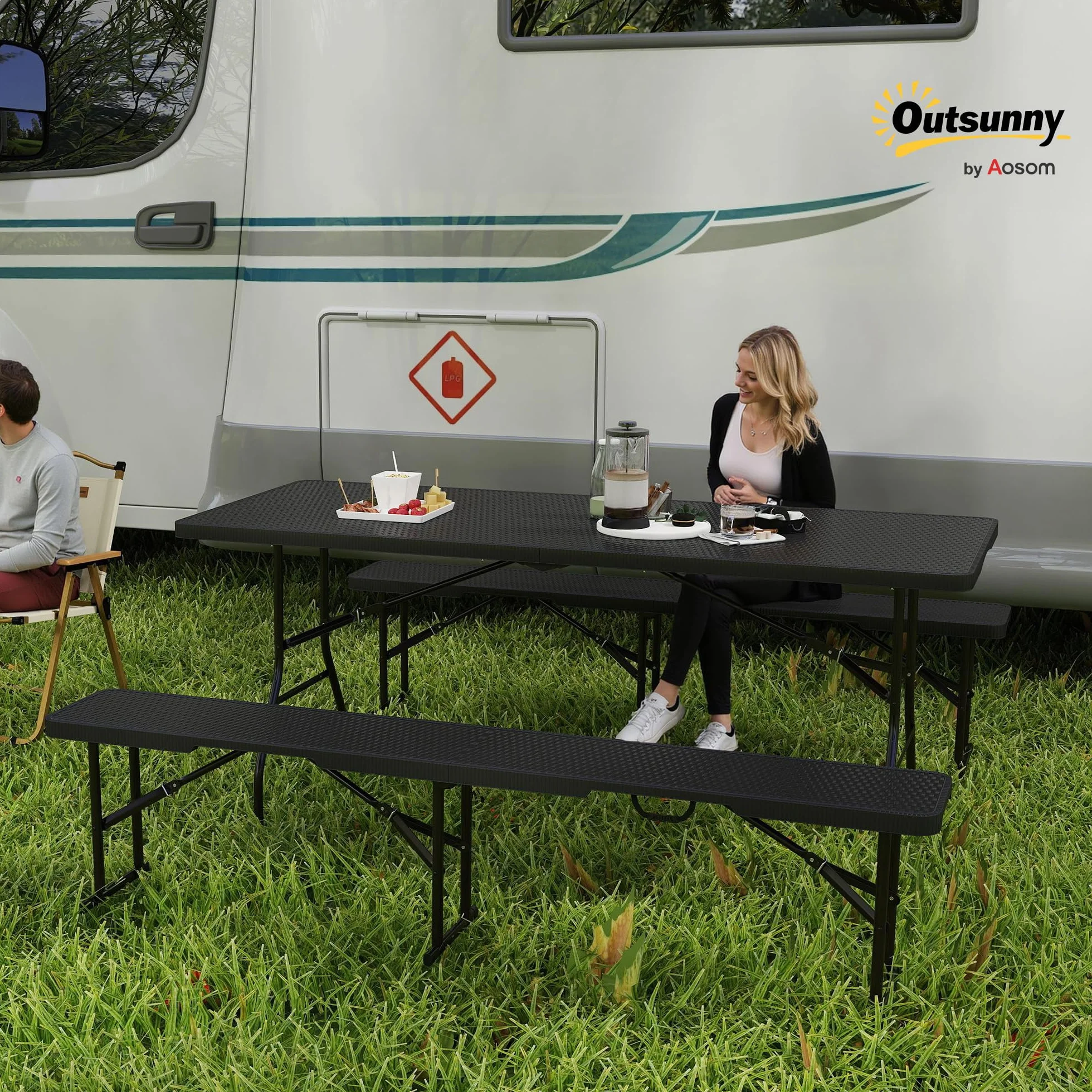 Outsunny Table Pliante Pique-Nique 180 cm Banc Camping Noir Rotin