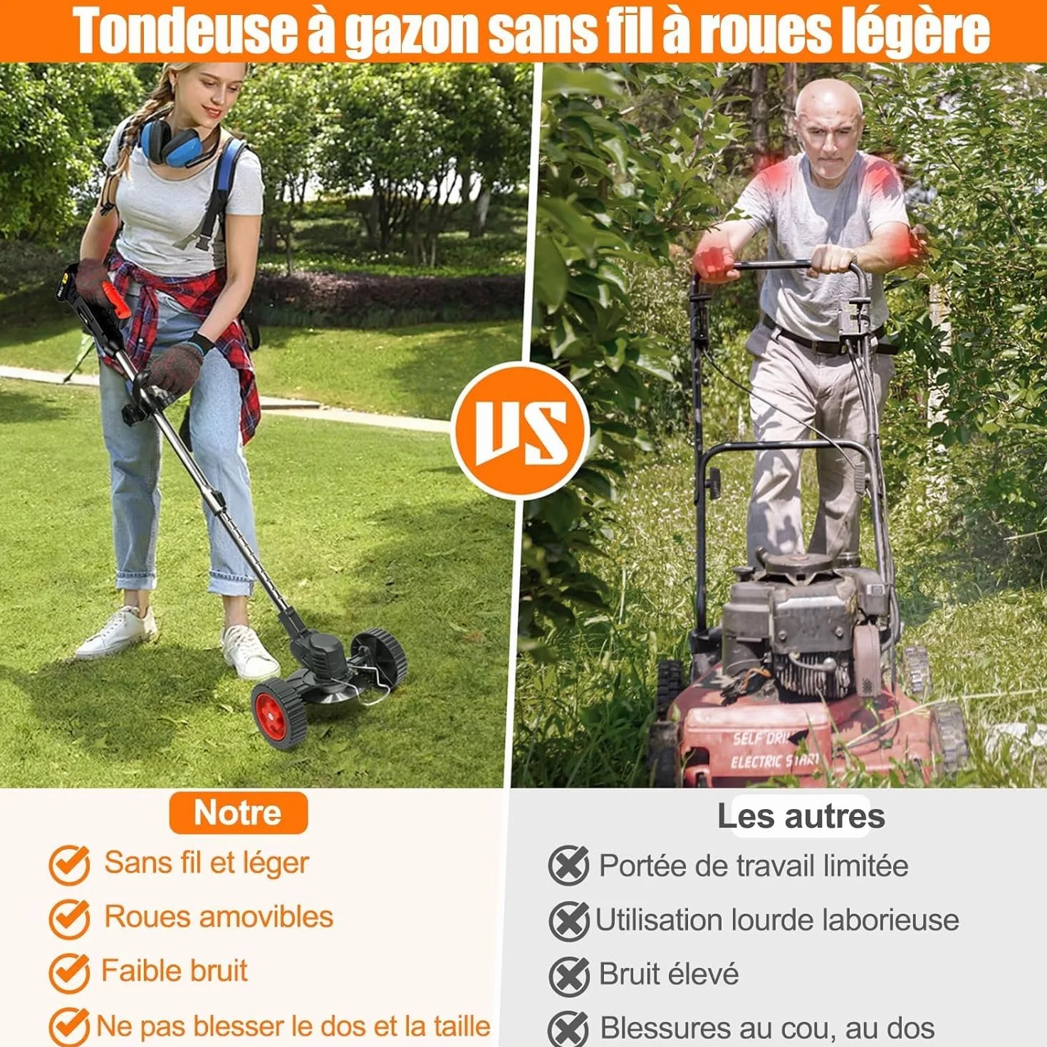 Debroussailleuse Electrique sans Fil 21V Coupe Bordure avec 2 Batteries et Lames Roues Légère Faible Bruit Jardin Pelouses Arbustes