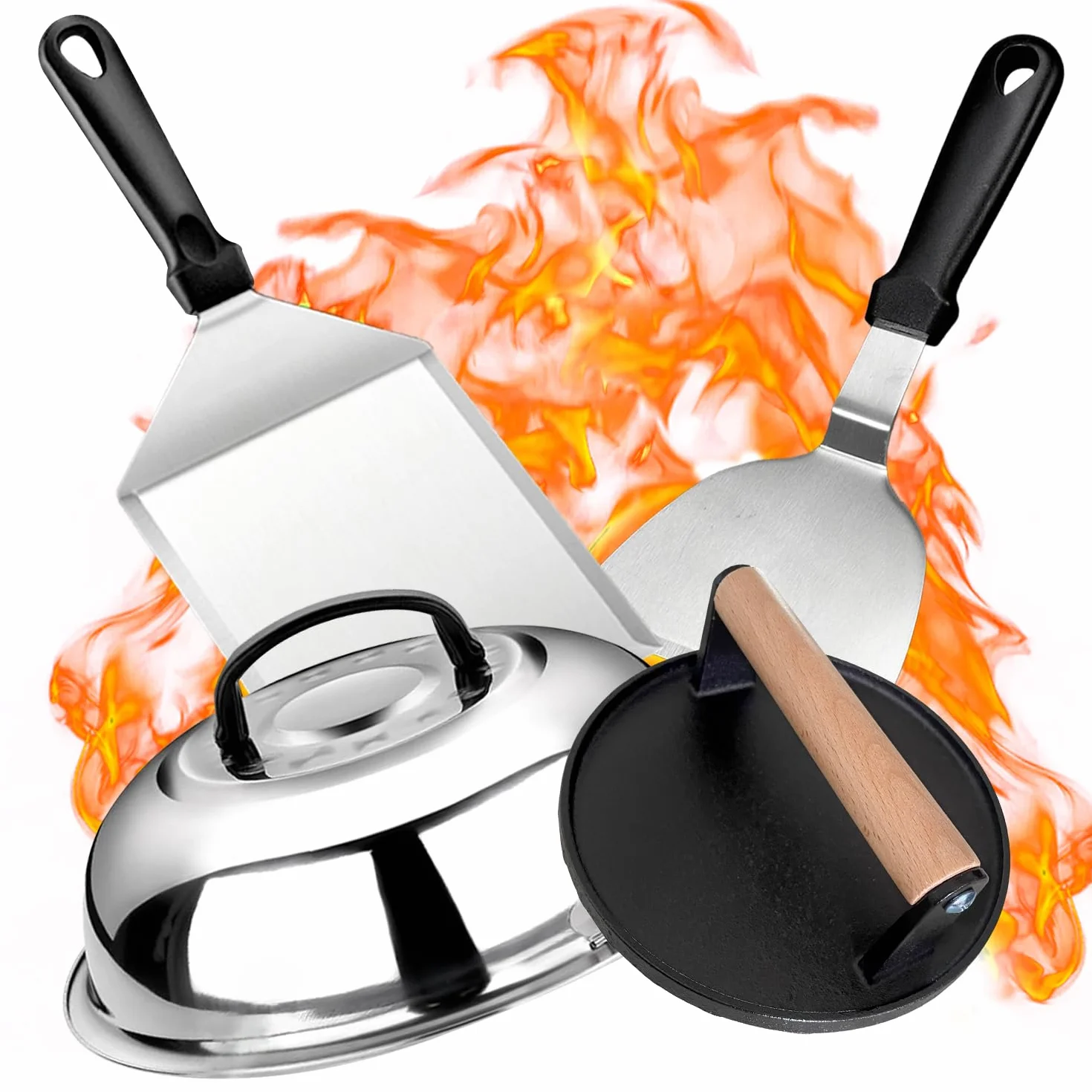 Kit Ustensiles Barbecue 4 pièces avec Presse Burger Fonte et Spatules Coudée Acier Inoxydable Cloche Plancha Smash Burger Press Set BBQ