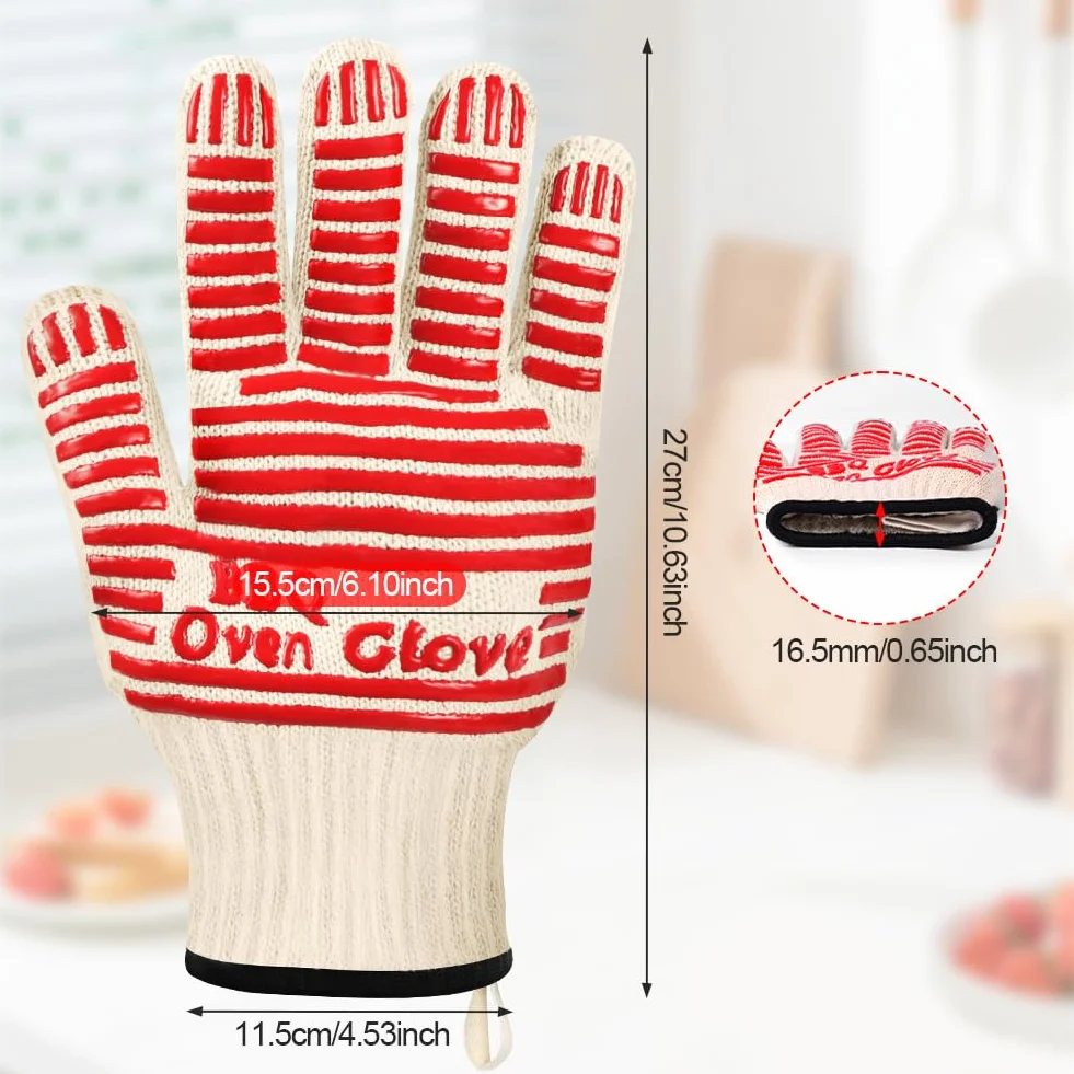 AUAUY Gants de Cuisine Silicone Anti Chaleur 500°C Antidérapants Barbecue 27cm Rouge