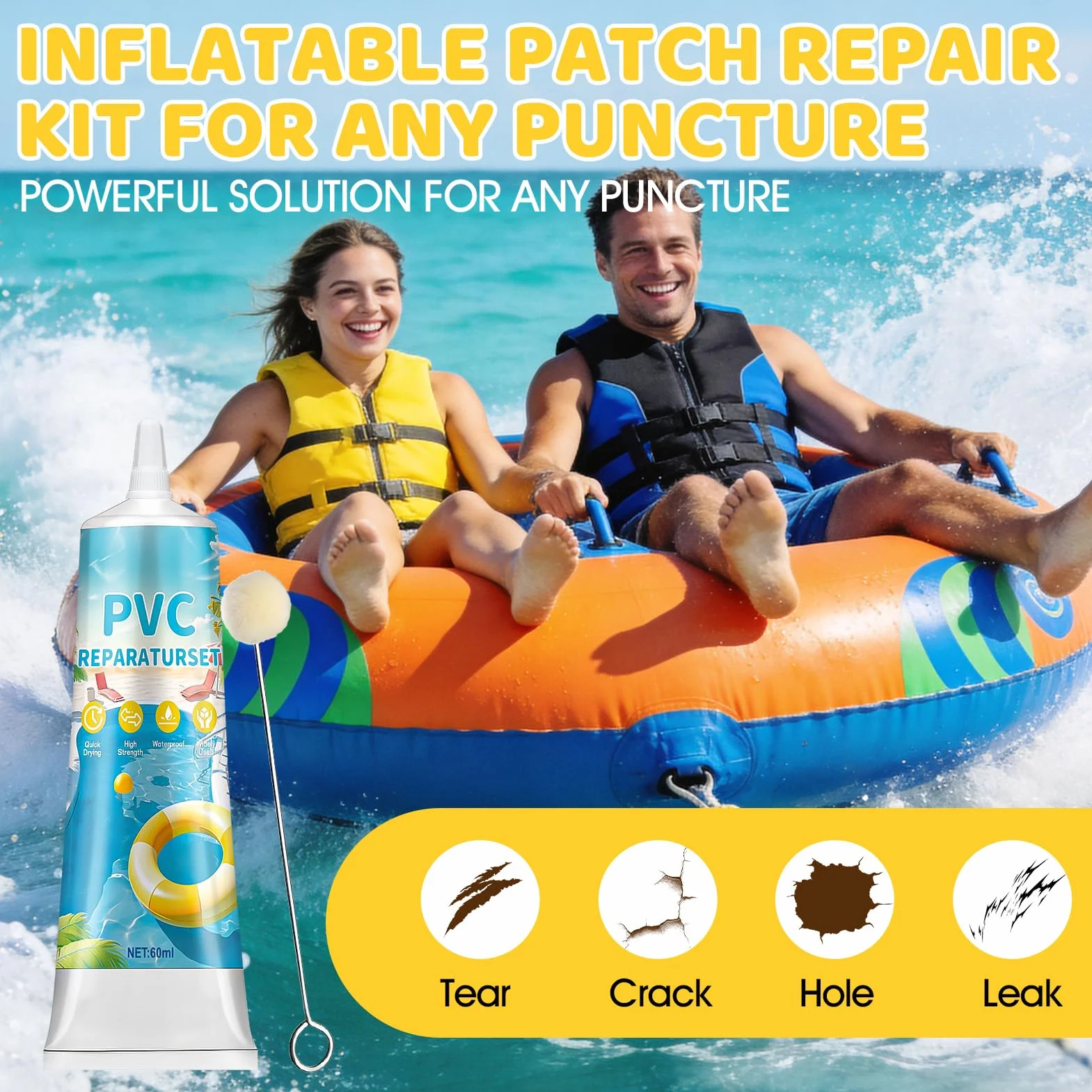 Kit de Réparation Piscine Colle PVC Rustine Matelas Gonflable Étanche 60ml