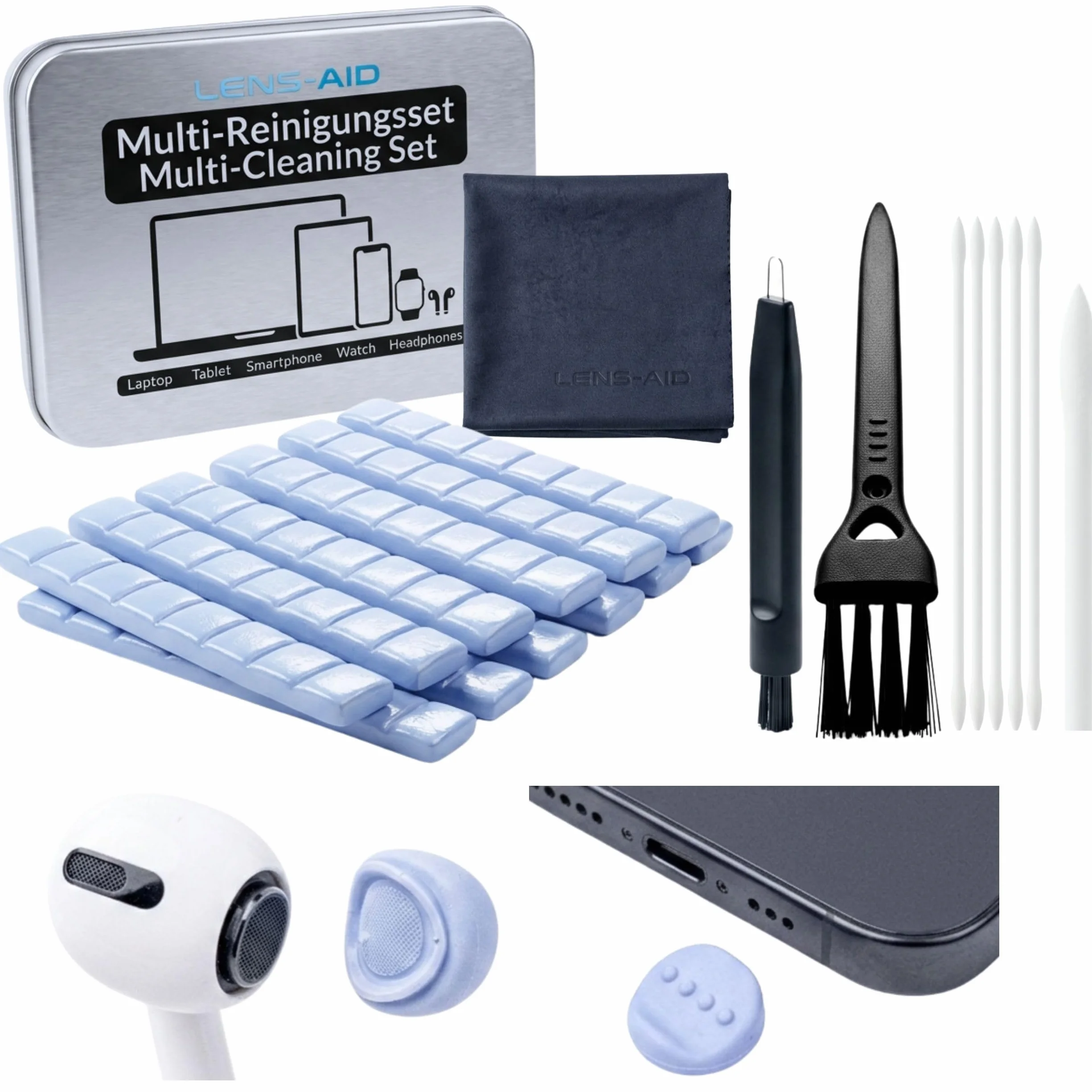 LENS-AID Kit de nettoyage 5 en 1 pour smartphone avec modelage USB-C et Lightning, pinceau, bâtonnets, chiffons en microfibre pour connecteurs, écouteurs, écrans et emplacements pour téléphones