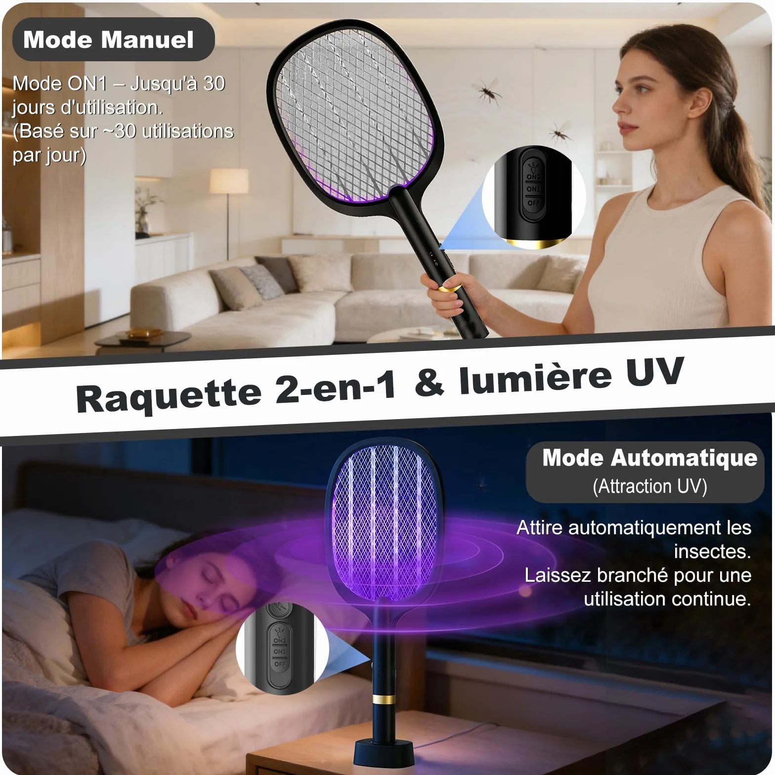 Raquette Anti Moustique Électrique 5000V Rechargeable USB-C avec Base Batterie 2000mAh Noir