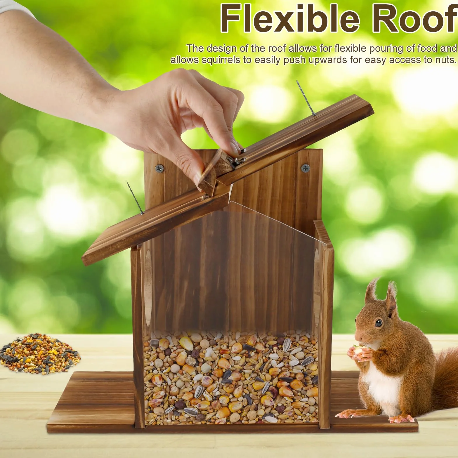 Mangeoire à écureuils en bois avec toit flexible, station d'alimentation extérieure grande capacité