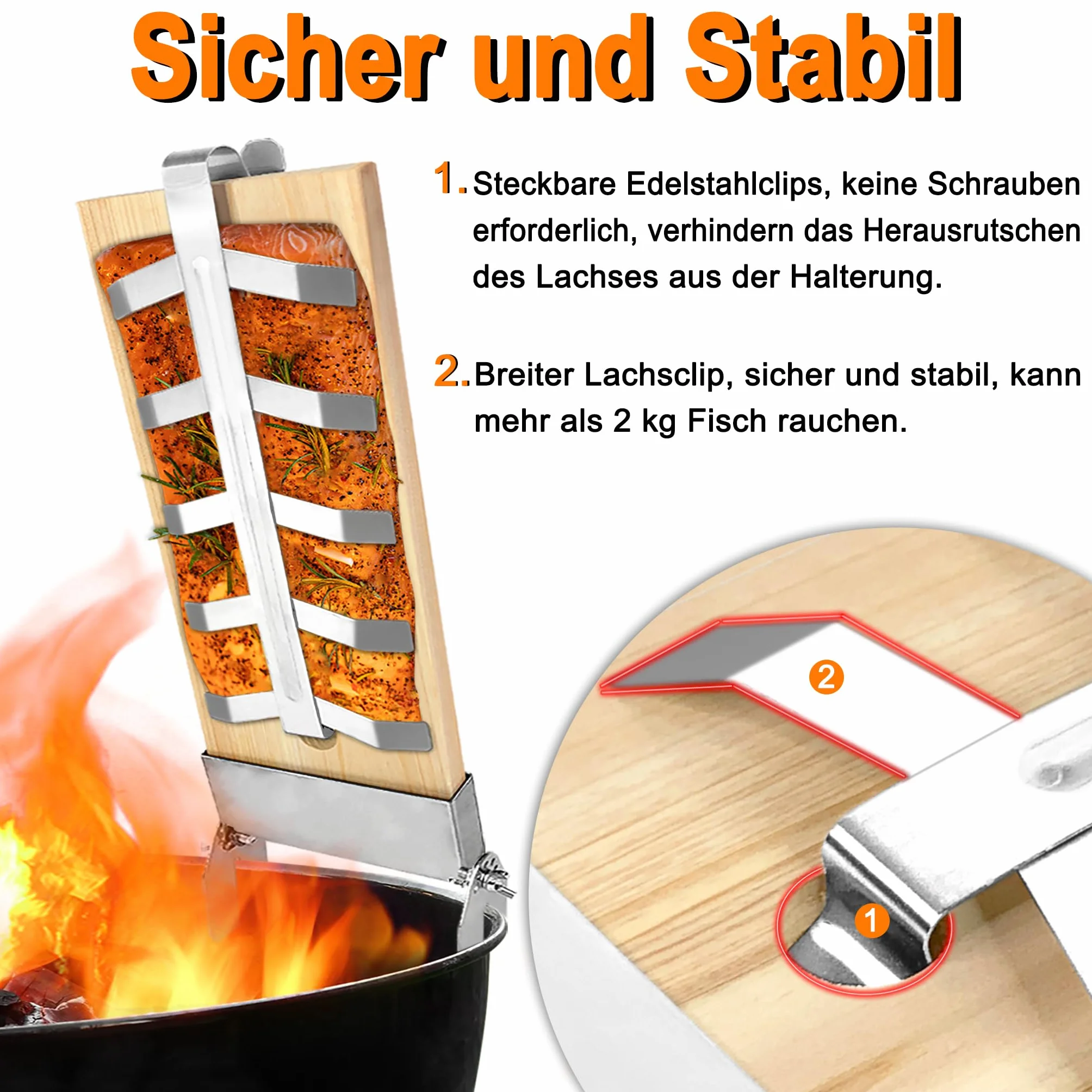 Lot de 2 planches à saumon flammé en acier inoxydable 5 niveaux réglables pour barbecue