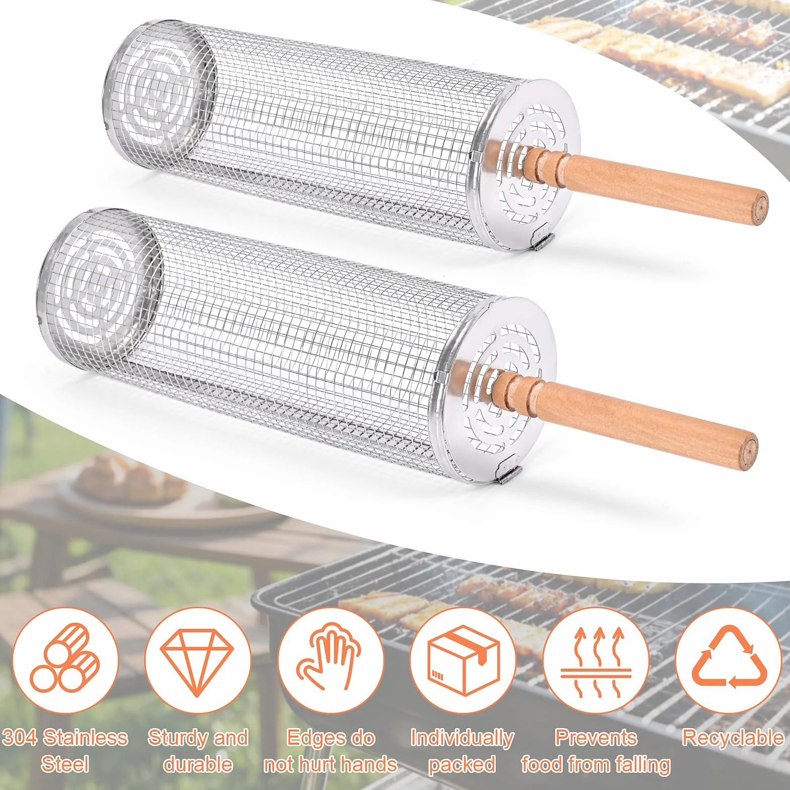 Paquet de 2 Paniers de Gril Cylindriques en Acier Inoxydable avec Poignée en Bois pour Camping