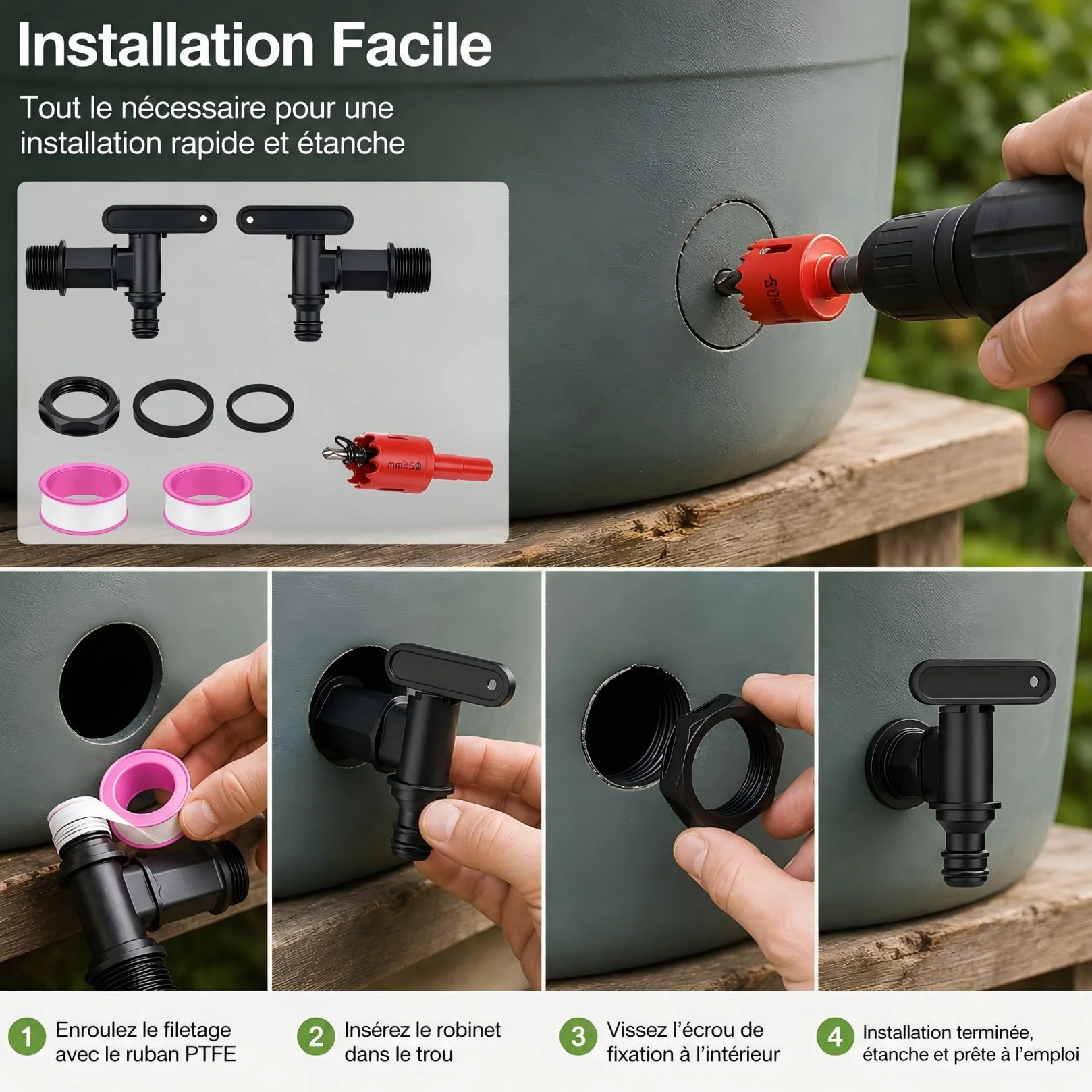 Robinets d'écoulement pour Citerne d'eau de Pluie, Lot de 2, Robinet en Plastique avec Joint, Adaptateur 3/4"