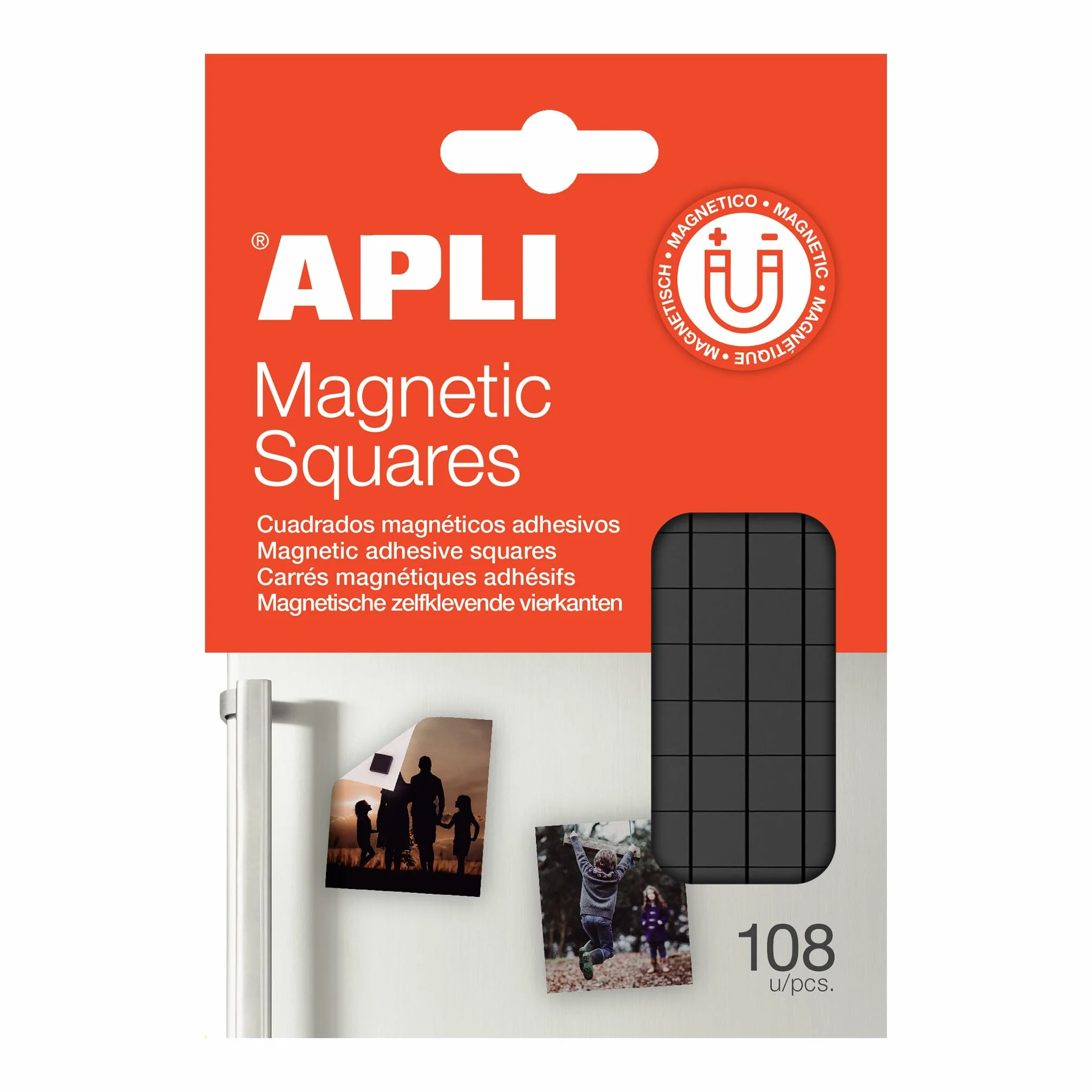 APLI 19818-108 carrés magnétiques adhésifs et prédécoupés de 10 x 10 mm d'une épaisseur de 1,5 mm pour accrocher de petits objets ou des photos.