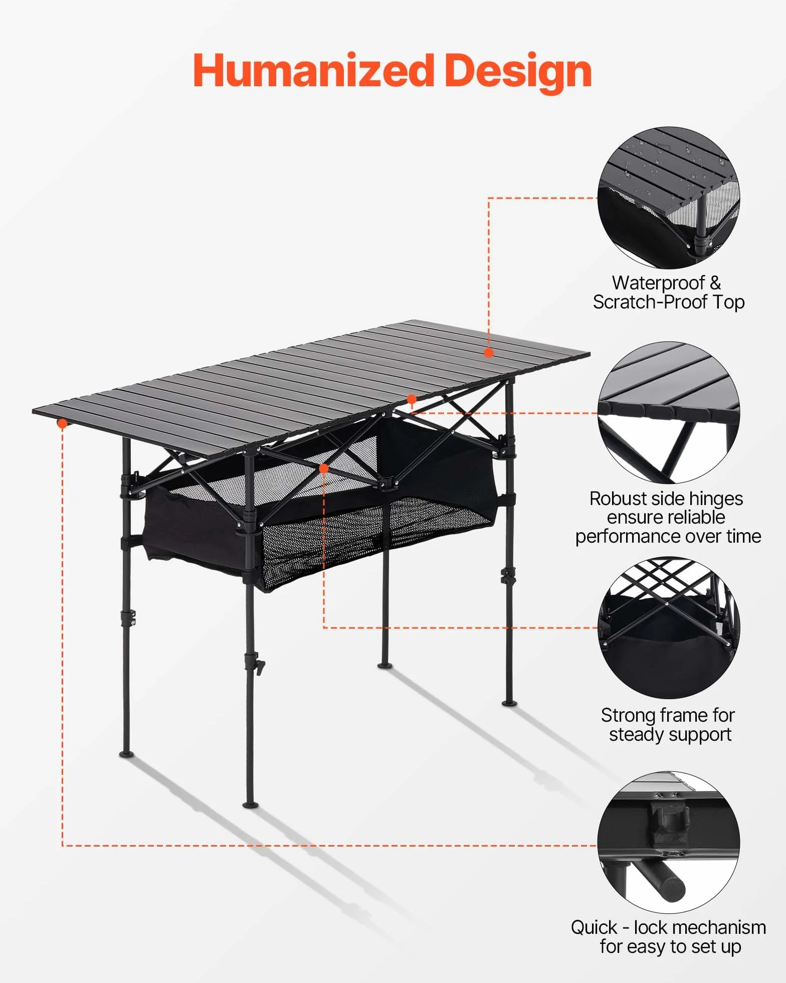 VEVOR Table de Camping Pliante 120x55 cm Aluminium Hauteur Réglable Noir