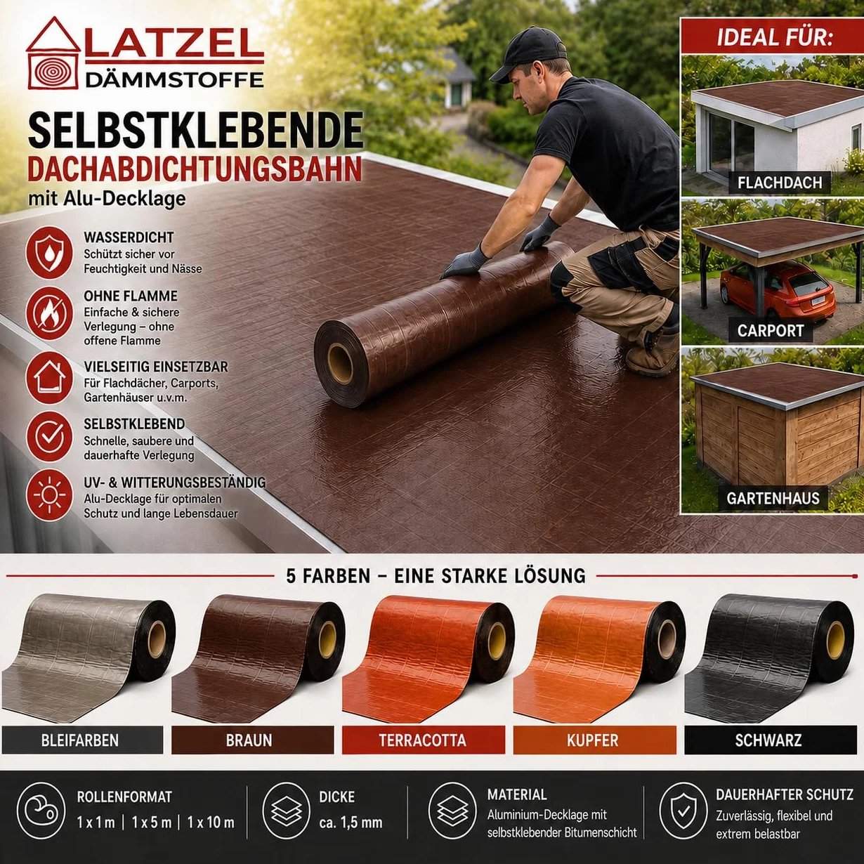 Bande d'étanchéité de toit en bitume autocollante 10 m² marron avec revêtement en aluminium