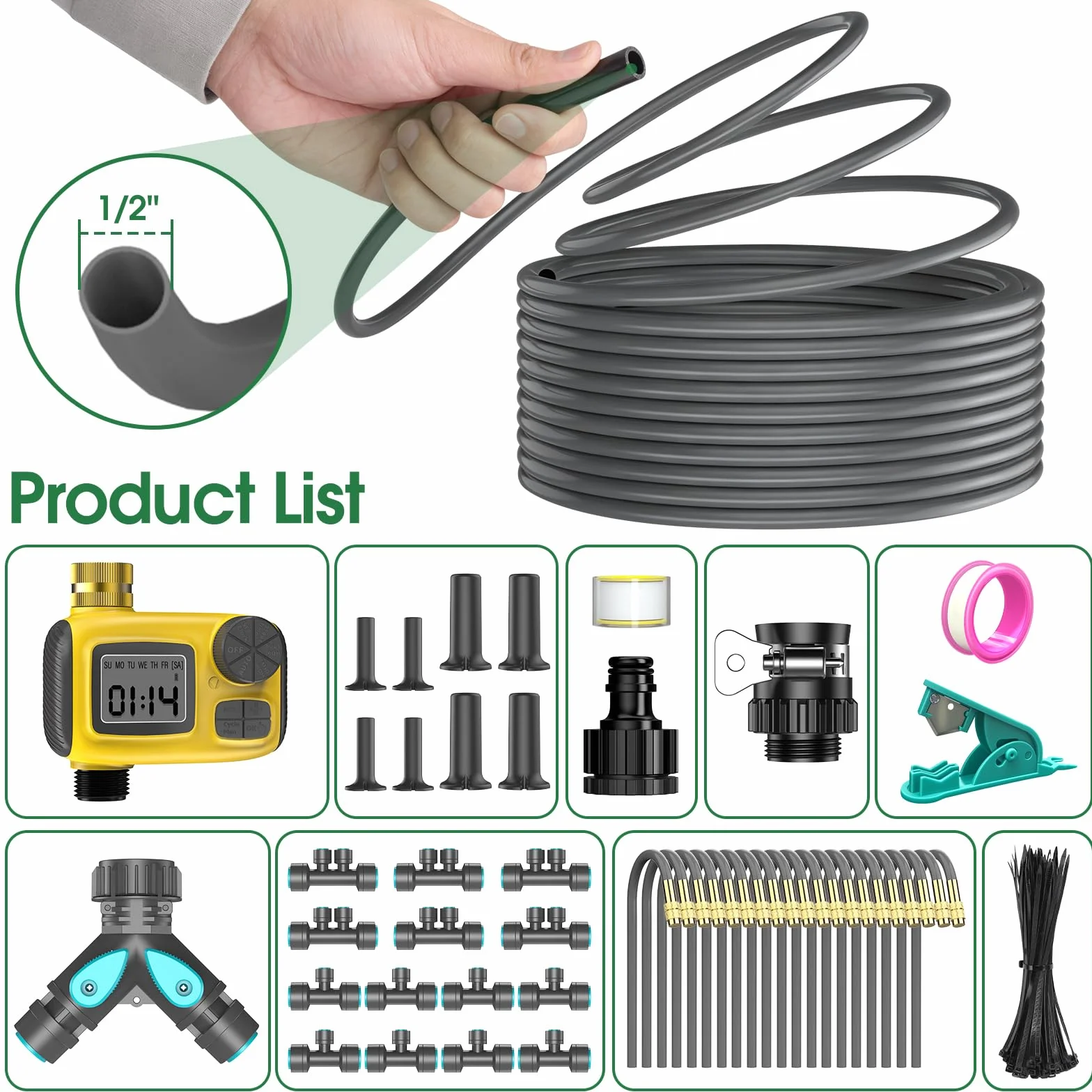 Kit d'irrigation goutte à goutte 30M avec programmateur, tuyau 1/2", 20 buses réglables 360°, arrosage automatique