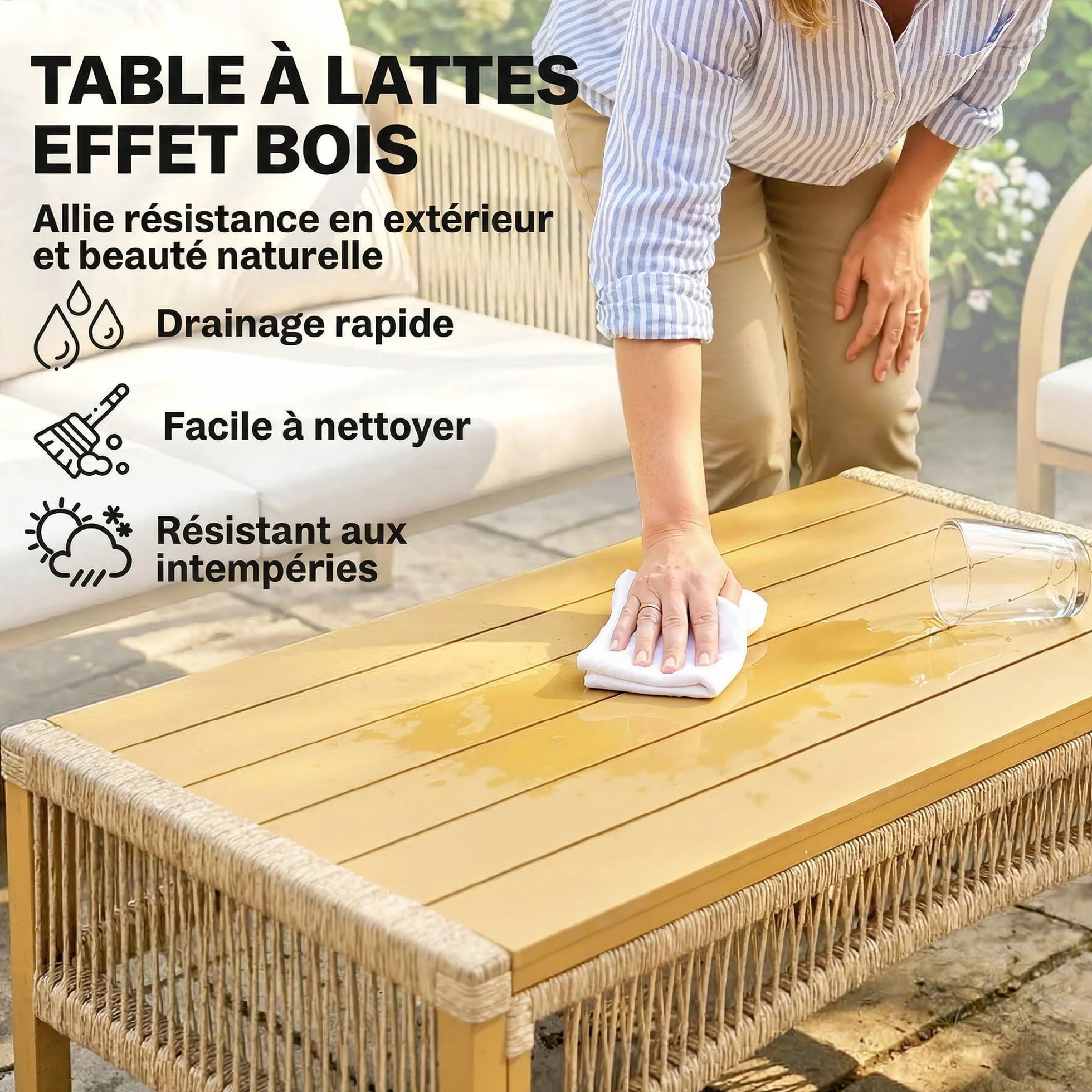 Outsunny Salon de Jardin Extérieur Résine Tressée 4 Pièces Canapé 2 Places Fauteuils Table Basse Coussins Déhoussables Plateau Acier Kaki