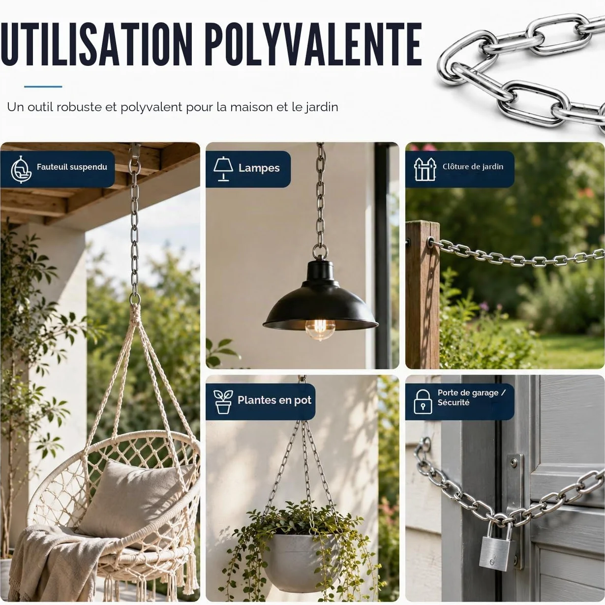 CYEER Chaîne en Acier Inoxydable 6mm x 2m, Chaîne Métallique Robuste en Inox 304 pour Fauteuil Suspendu, Sac de Frappe, Balançoire et Jardin, Maillons Soudés Résistants aux Intempéries