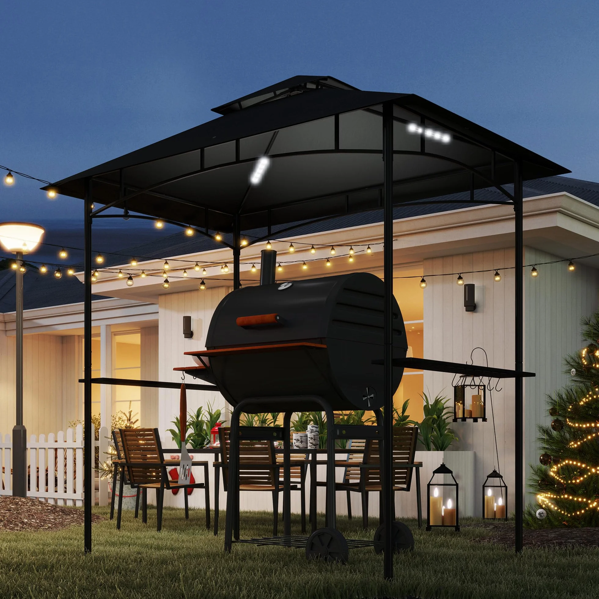 Outsunny Pavillon de barbecue avec LED 240 x 150 x 258 cm hydrofuge ignifuge toit double couche étagères latérales protection UV