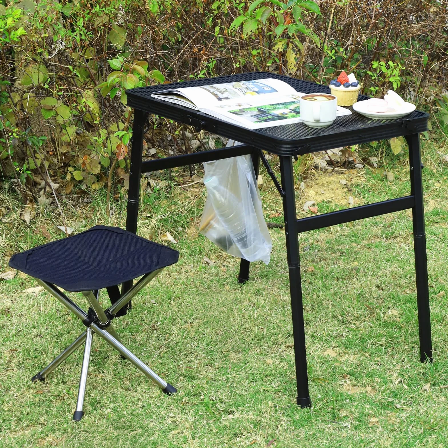 LALAGO Table de Camping Pliante 60x40cm Réglable en Hauteur 27/56cm Alu Noir