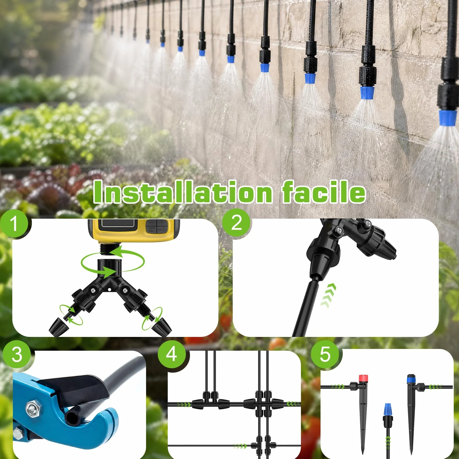 Système d'irrigation Jardin Kit Goutte à Goutte avec Programmateur Arrosage Automatique Tuyau 50m 80Pcs