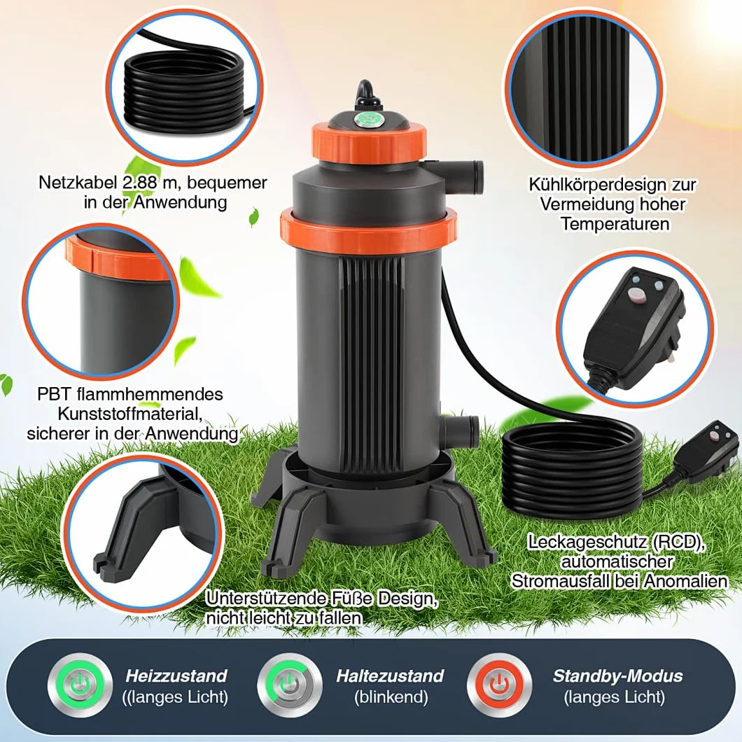Chauffage électrique de piscine 3 kW affichage numérique protection sécurité 4 positions raccord 32-38 mm