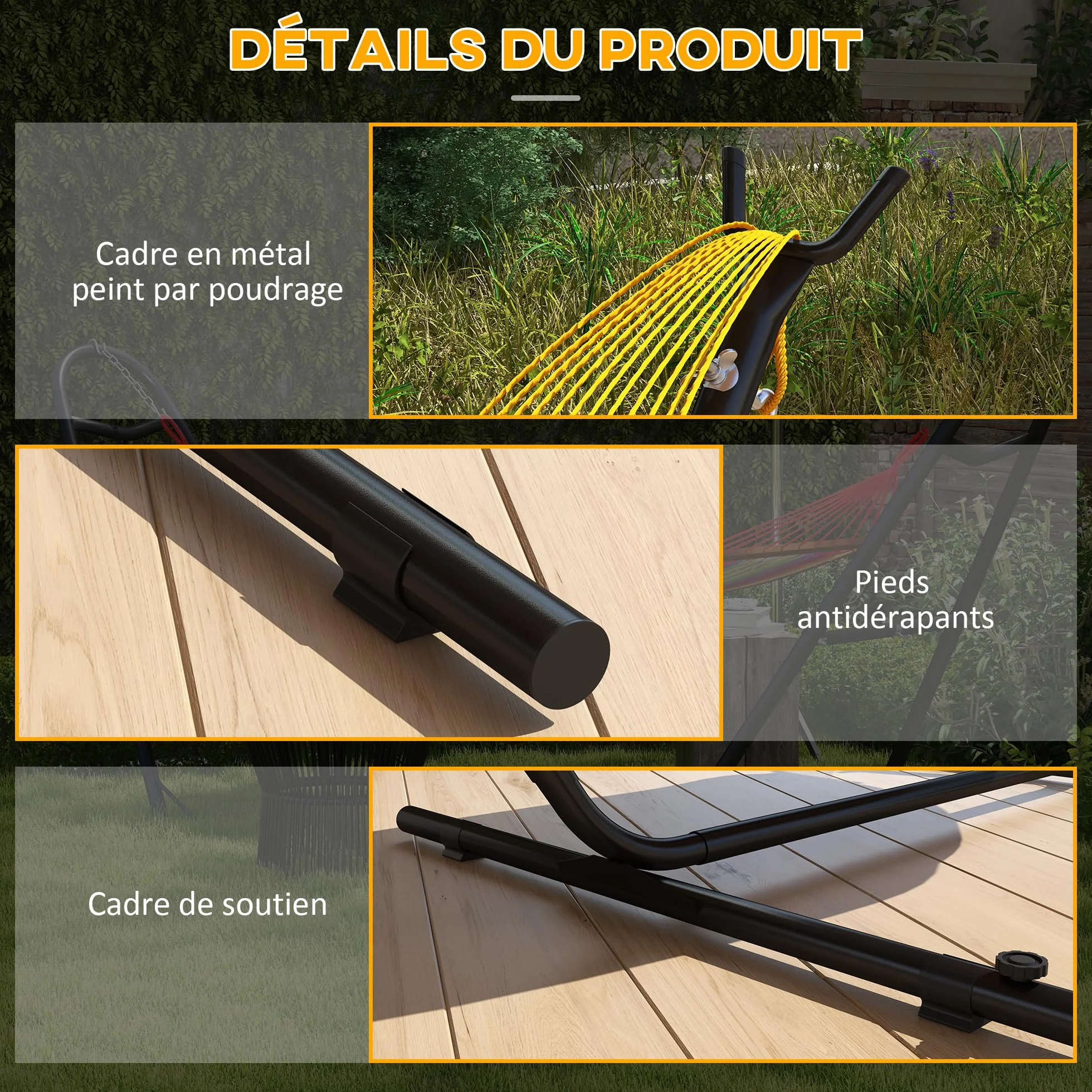 Outsunny Support Pied de hamac avec Porte-gobelet métal époxy Noir 305x129x109 cm 150kg