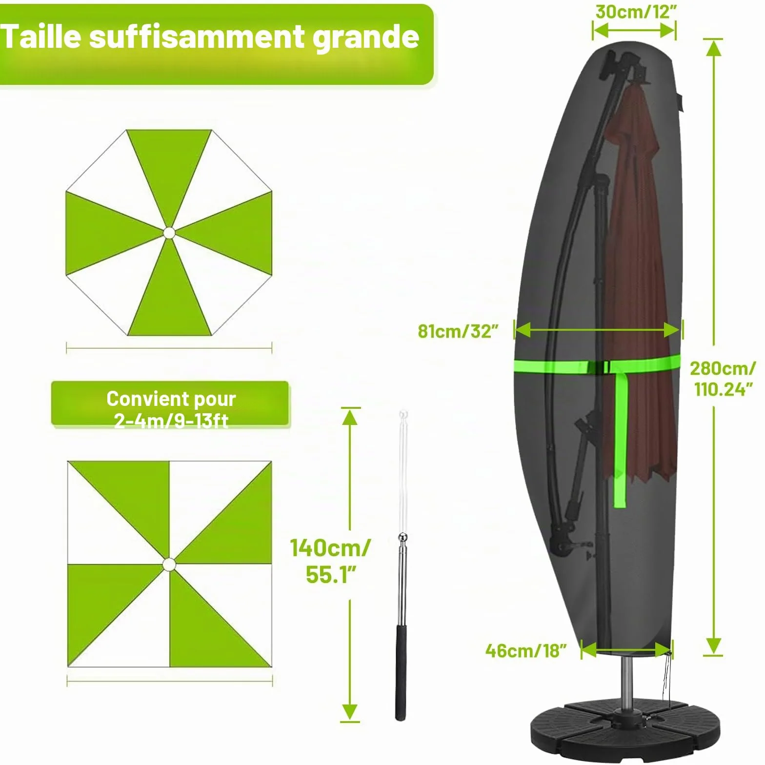 GEMITTO Housse de Parasol 420D Oxford Protection Parasol Déporté 280L x 81W Noir