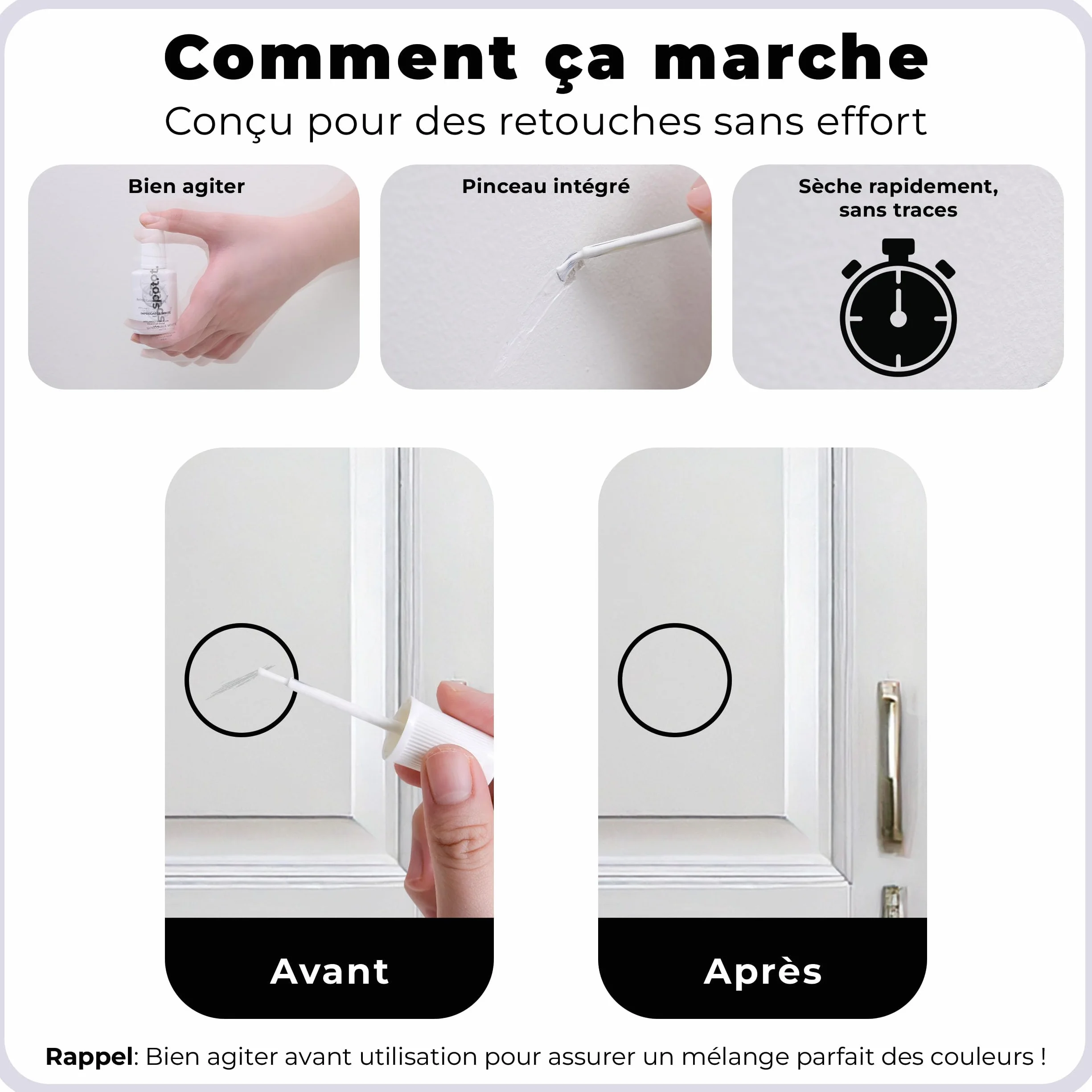 spot. Kit de retouche de peinture blanc Finition mate, auto-apprêtante, séchage rapide avec applicateur au pinceau pour armoires, murs, portes et meubles – Pack de 3 couleurs