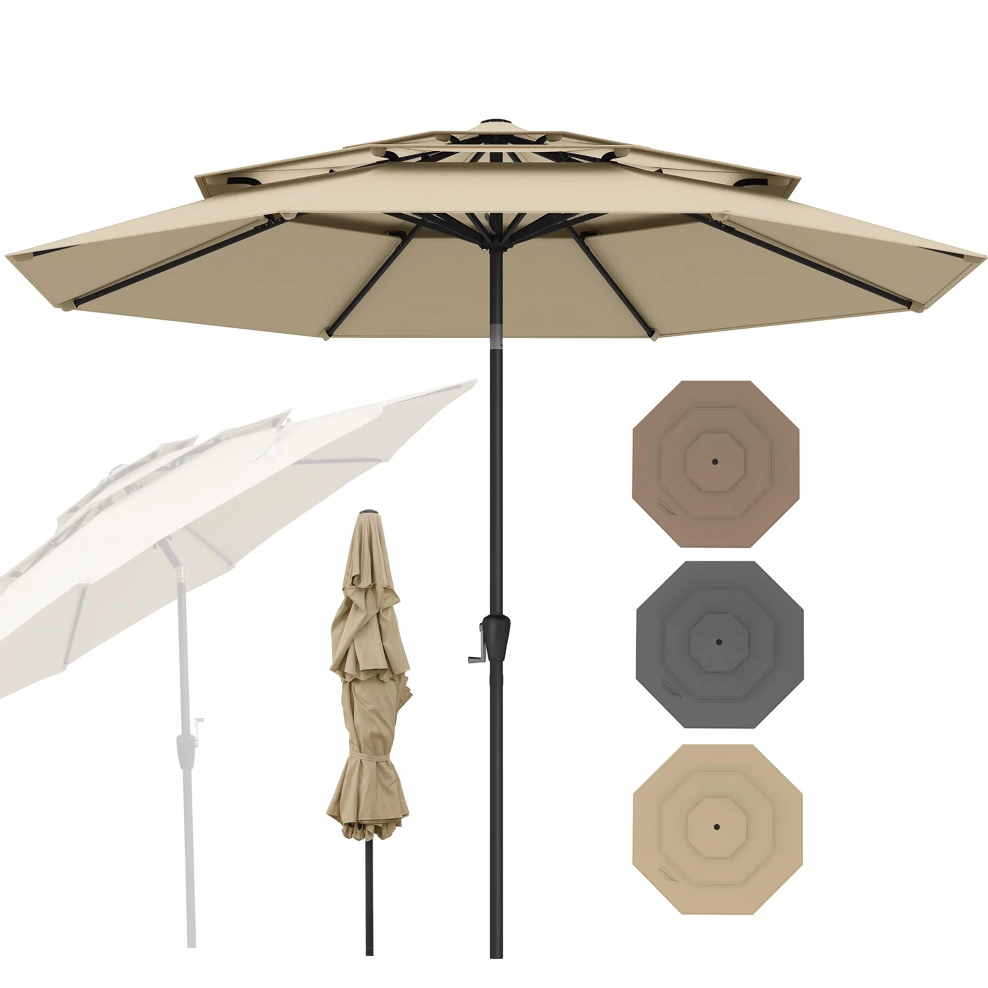Parasol de Jardin 3M Inclinable RELAX4LIFE Toit Ventilé 3 Couches 8 Baleines Manivelle Protection Solaire Terrasse Balcon Beige
