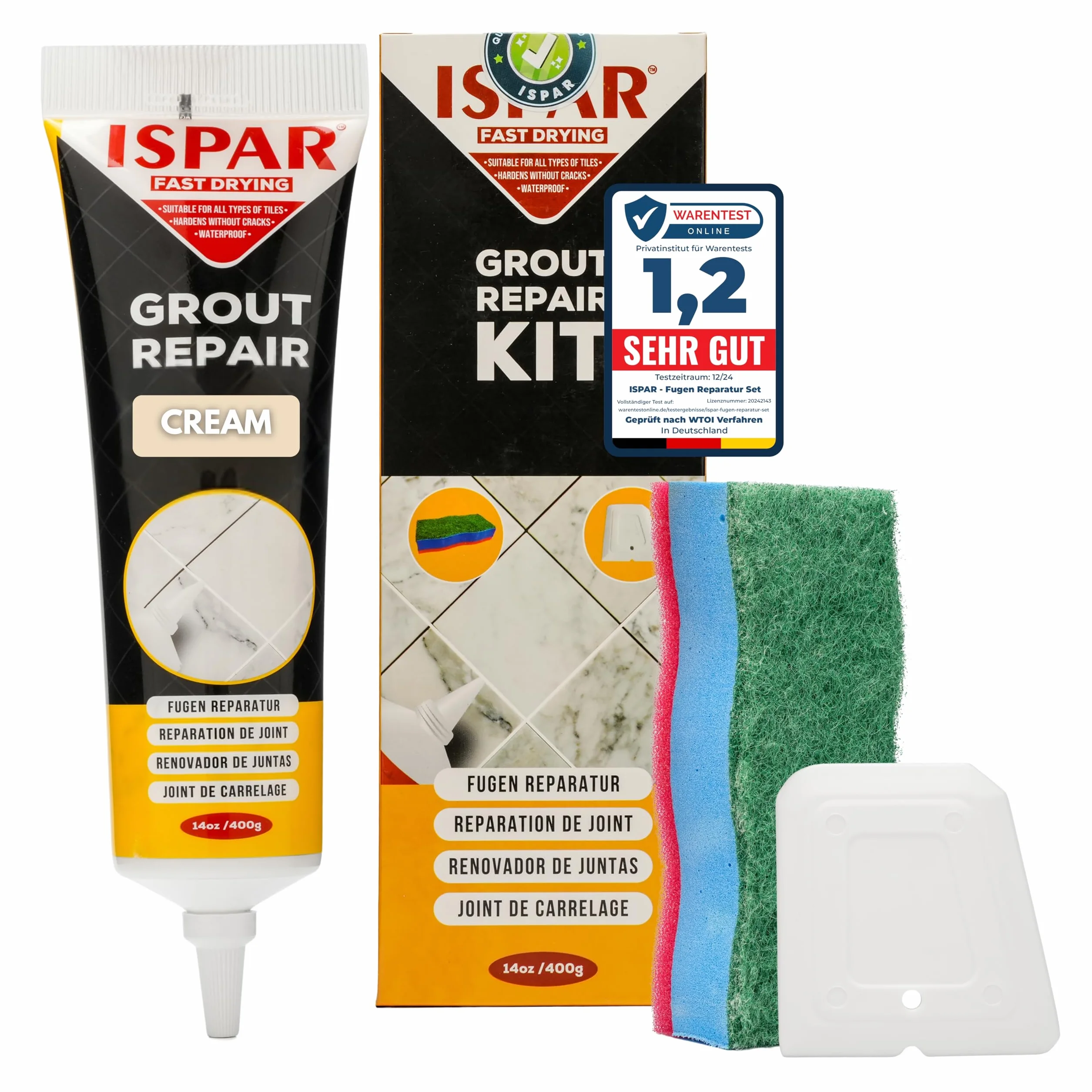 ISPAR Kit de Réparation de Joint de Carrelage Crème (400g) - Mortier Coulis Couleur Crème, Joint Salle de Bain et Cuisine - Avec Spatule et Éponge