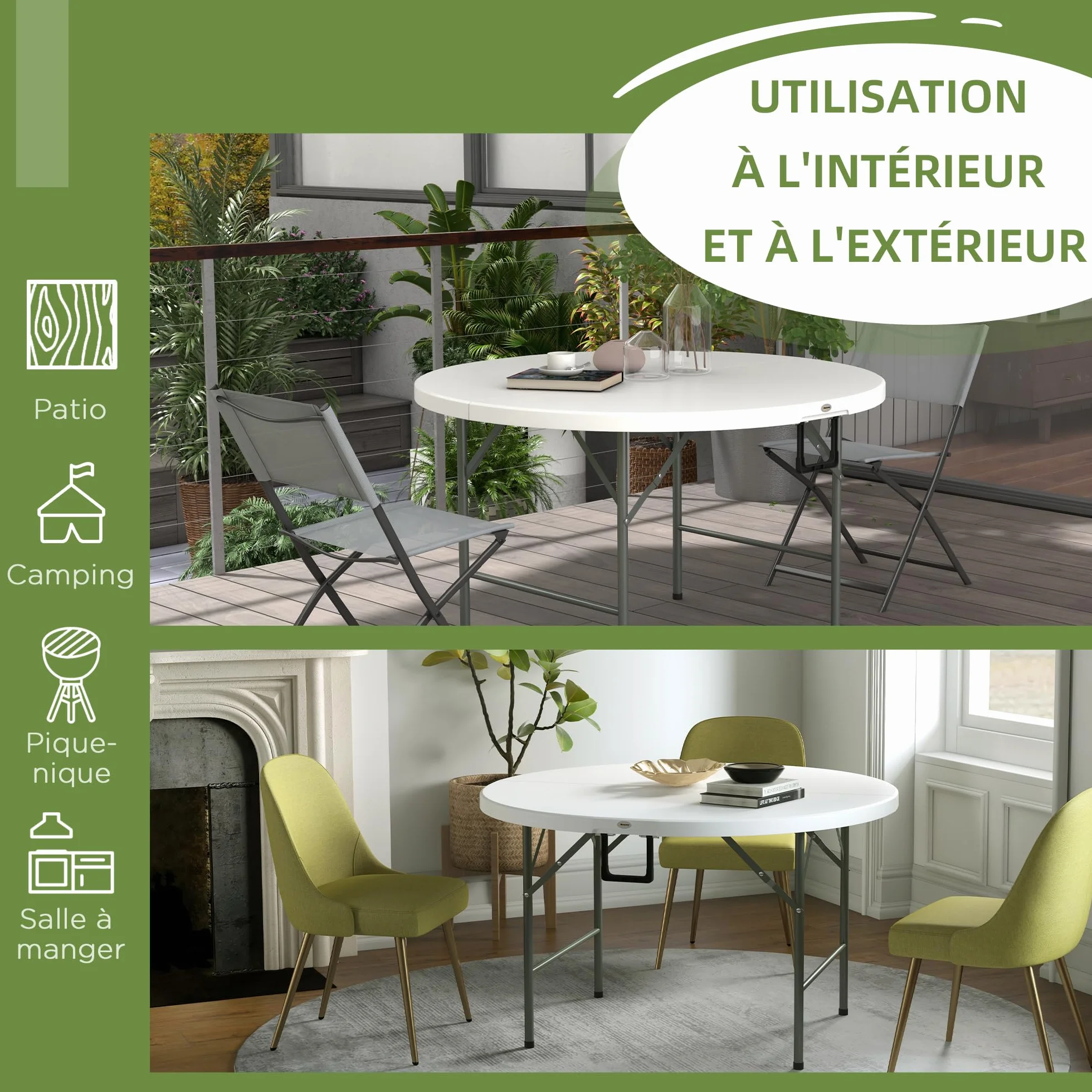 Outsunny Table Ronde de Jardin Pliante Ø122 cm 6 Personnes Structure Métal Plateau HDPE