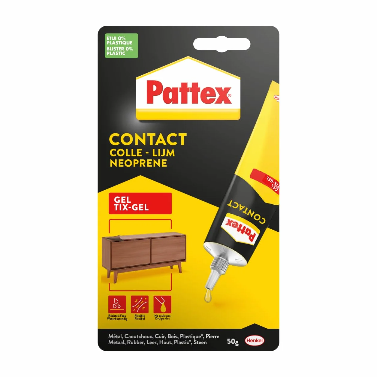 Pattex Colle contact type néoprène- Formule Gel tous matériaux- tube 50 gr