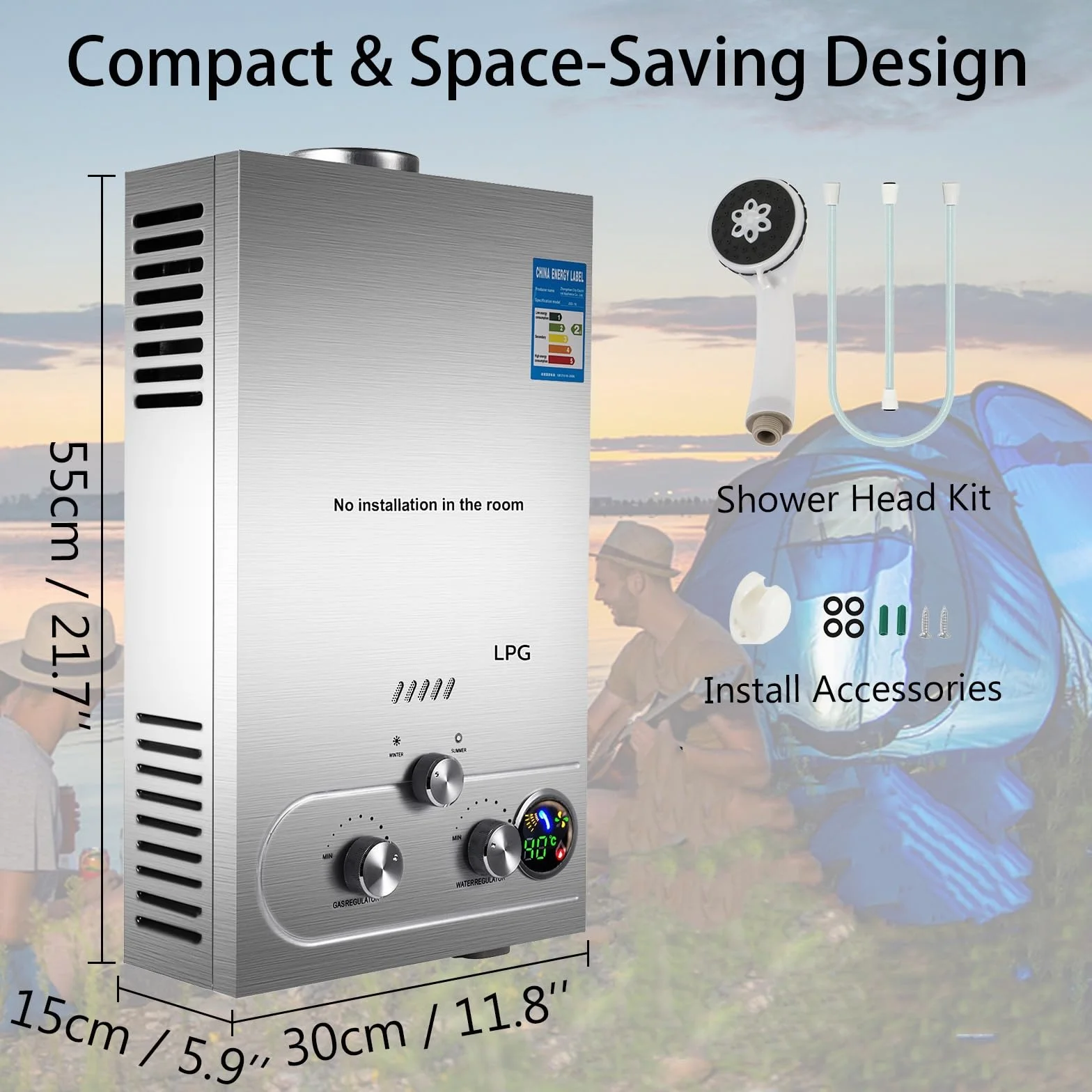 Chauffe-eau à Gaz Instantané 6L 12KW 6 L/min LPG Butane Propane Maison Camping Car Mode Hiver Été