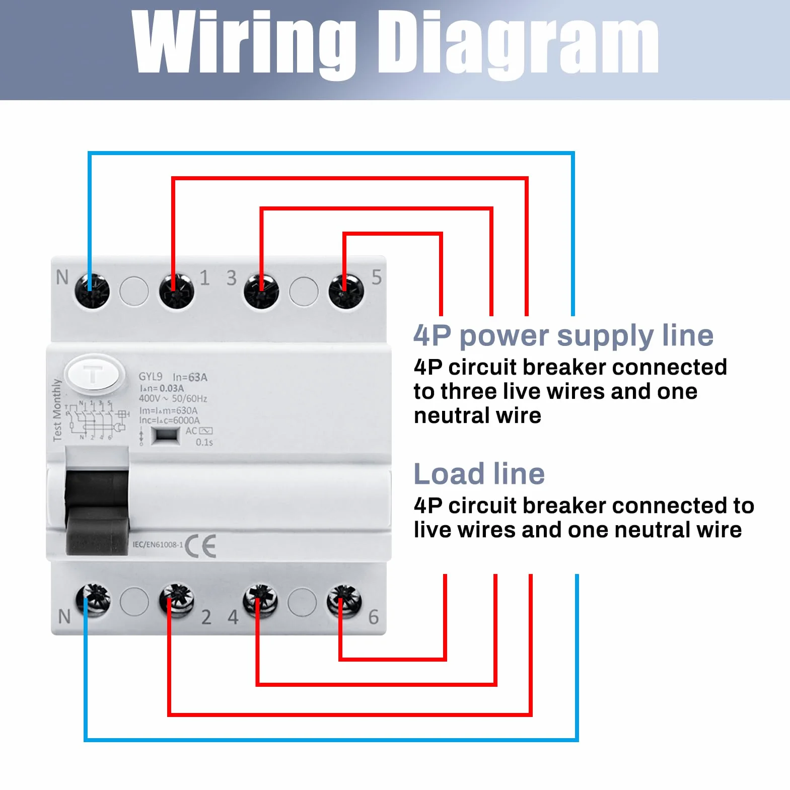 Disjoncteur différentiel 63A 30ma Interrupteur différentiel 4P type AC Disjoncteurs électriques AC 380V, Schützt persönliche Sicherheit und verhindert Geräteausfälle aufgrund von Kriechstrom.