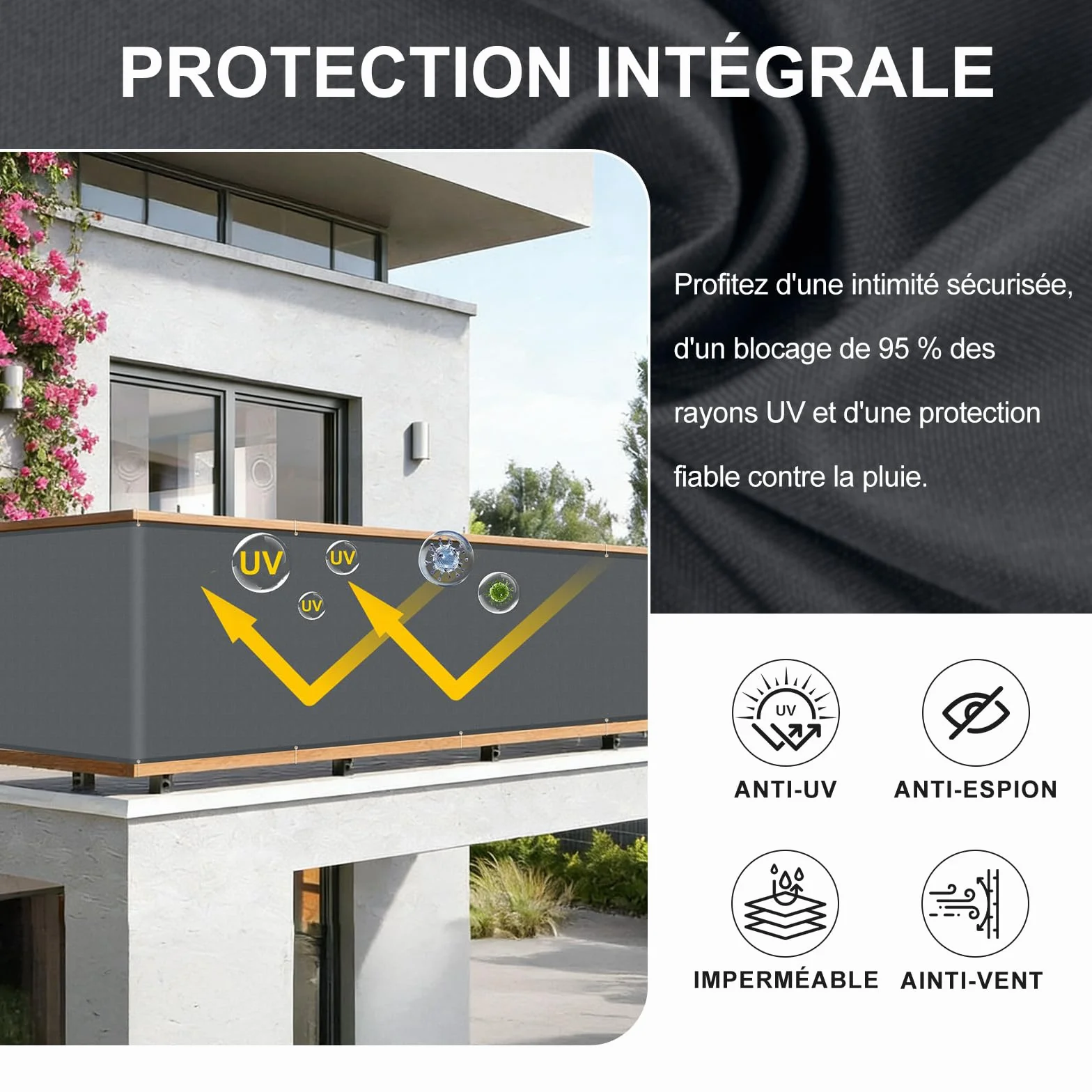 HENG FENG Brise Vue Balcon 90x400cm PES Pare-Exterieur Cache Occultant Terrasse Résistant Eau UV Anthracite