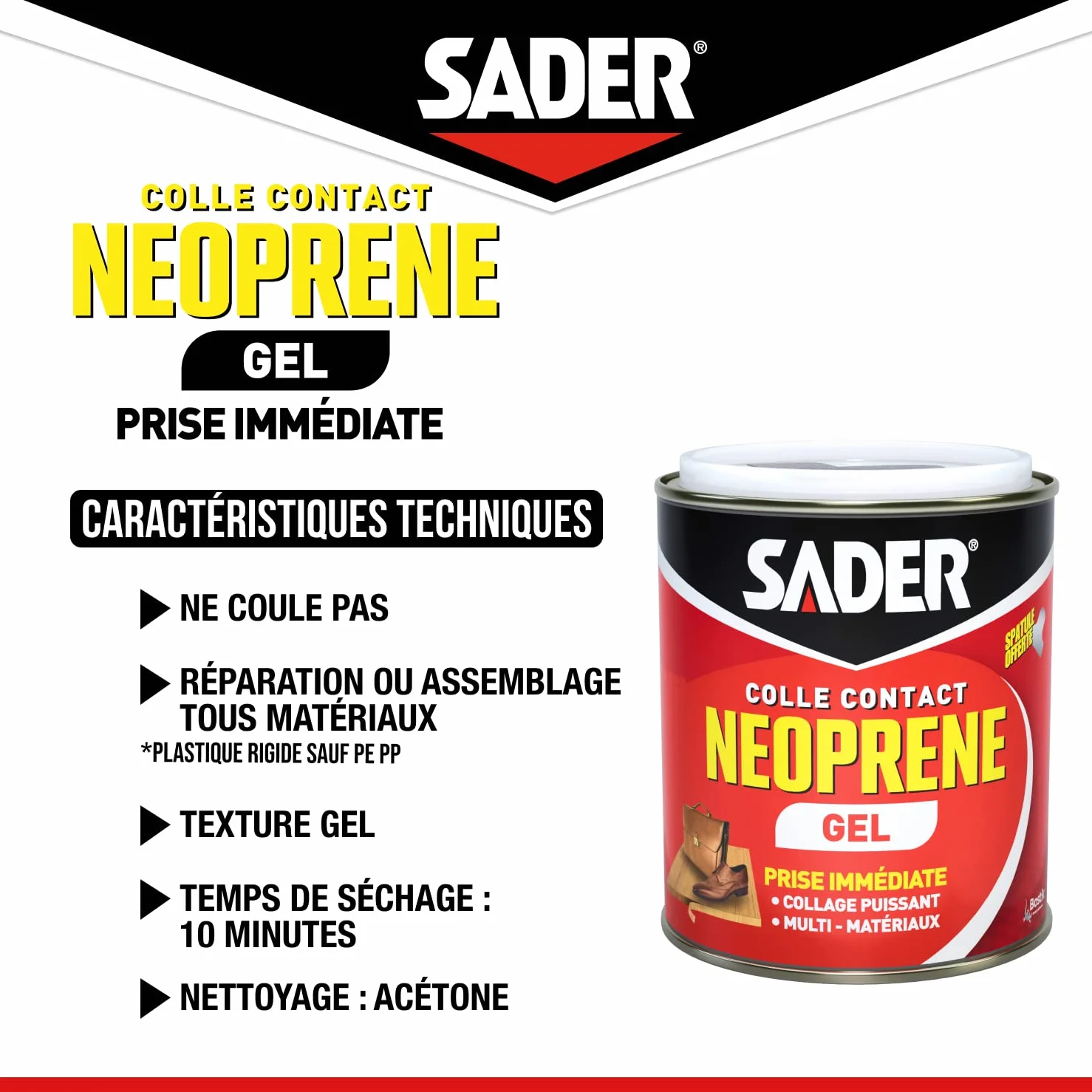 Sader Colle Contact Néoprène Gel – Colle Extra Forte Tous Matériaux – Prise Immédiate – Idéale pour Supports Poreux ou Verticaux – Spatule Incluse – Boîte de 750 ml