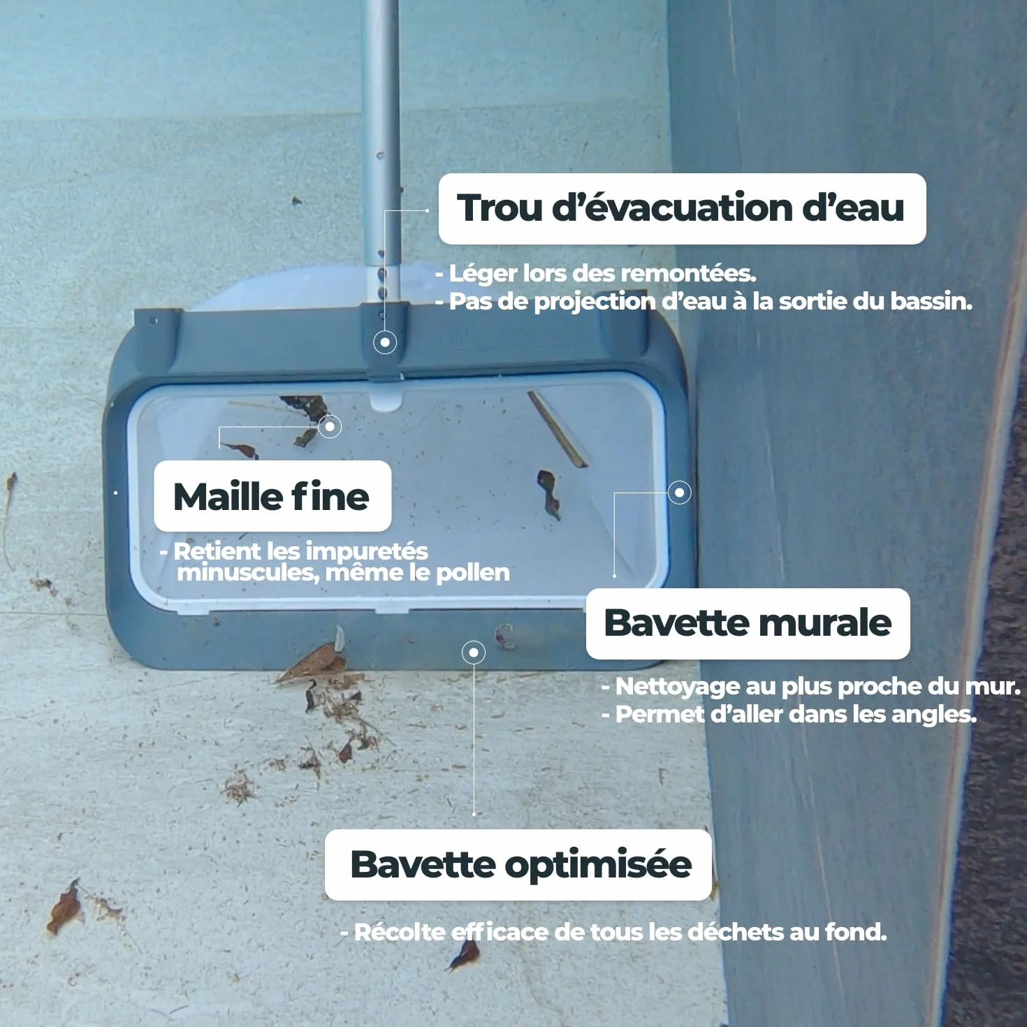 Épuisette Piscine Professionnelle 3-en-1 NODI Net+ Fond Surface Coffre Volet Immergé Résistance 32 kg Filet Remplaçable