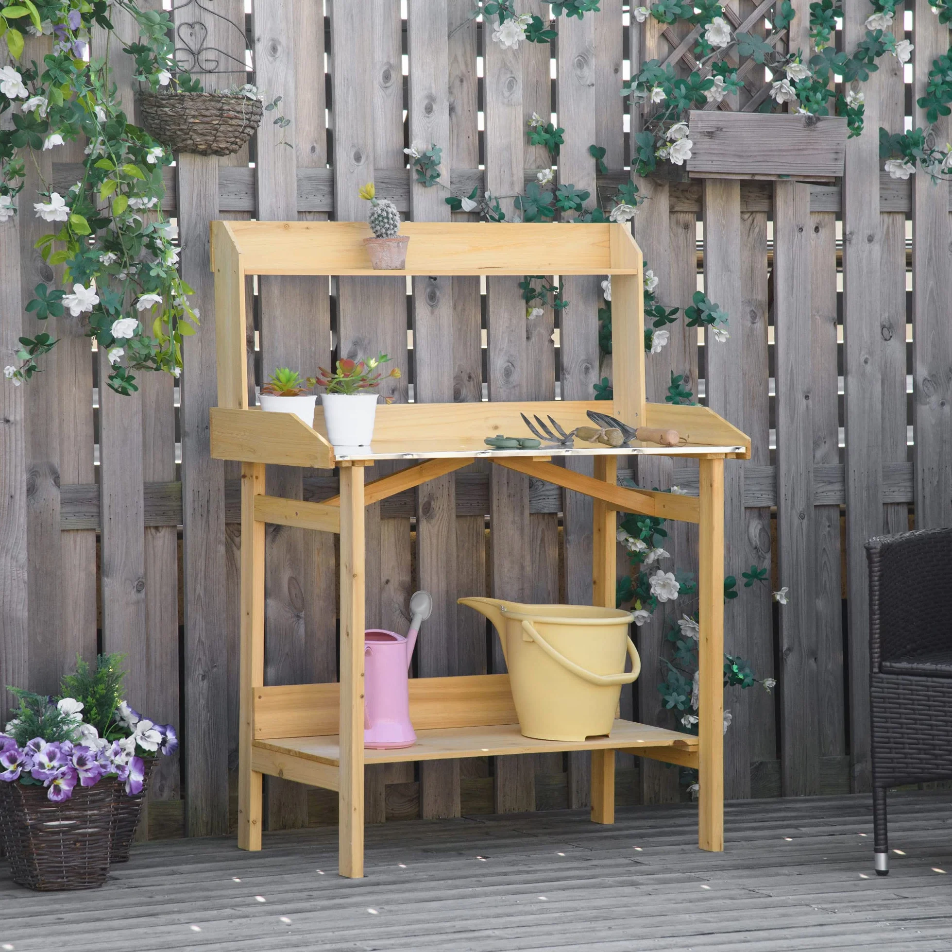 Outsunny Table de rempotage Acier galvanisé Bois Sapin pré-huilé 2 étagères Plateau avec Rebord