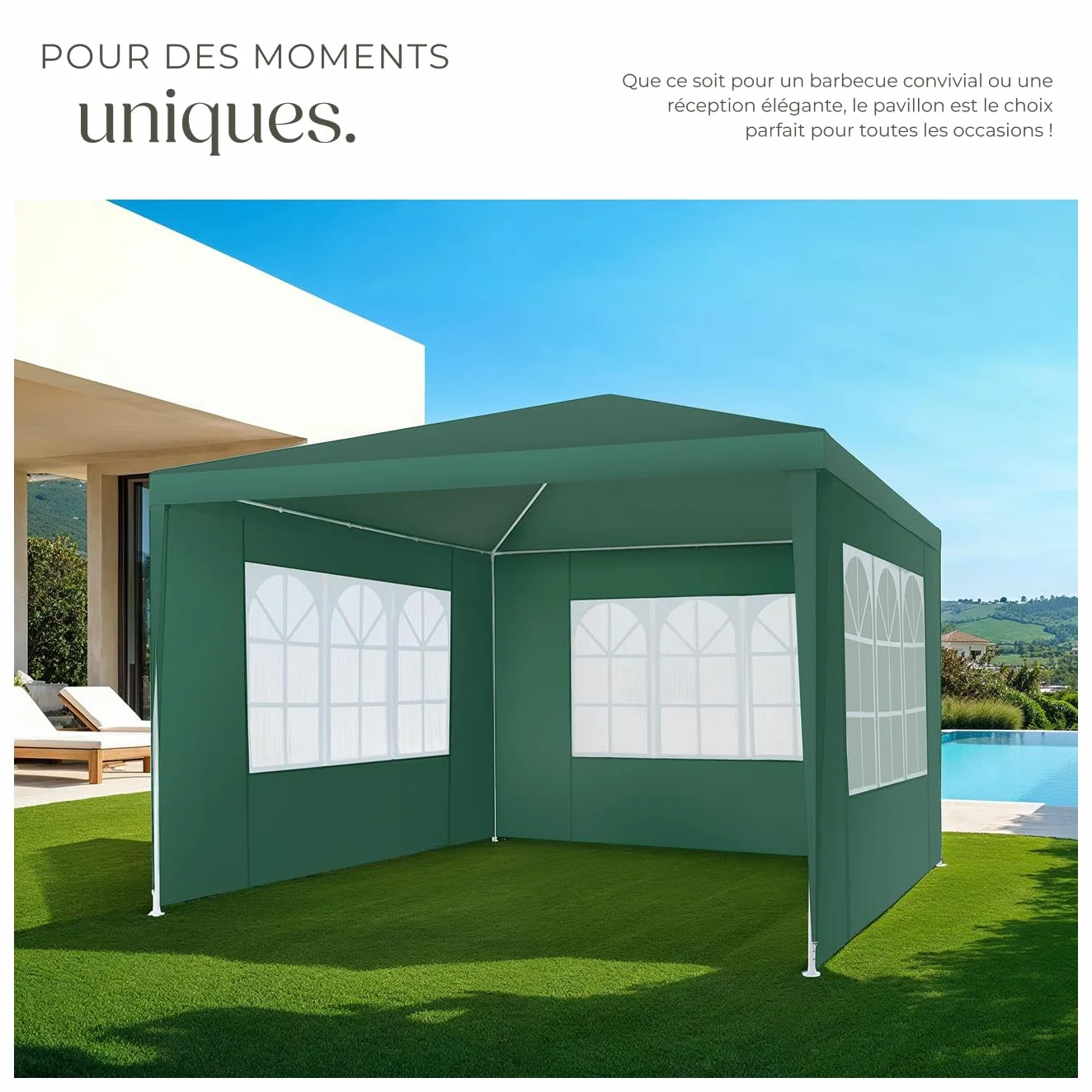 Tectake Tonnelle de Jardin 3x3m Protection UV 30+ Cadre Acier époxy Gazebo avec Parois Amovibles