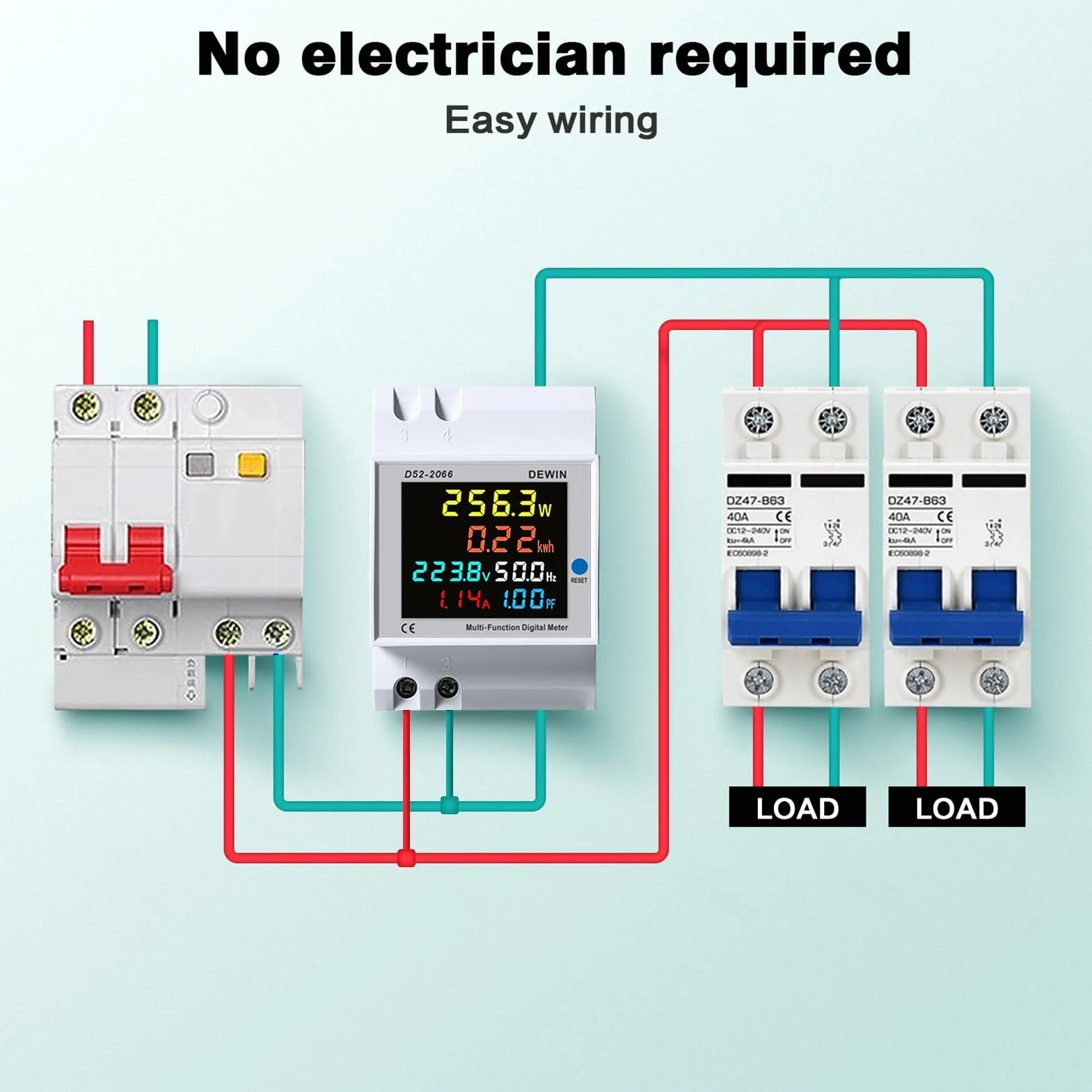 Compteur d'énergie sur rail DIN, 40-300 V CA, 100 A, wattmètre 6 en 1, compteur d'énergie numérique LCD, ampèremètre monophasé