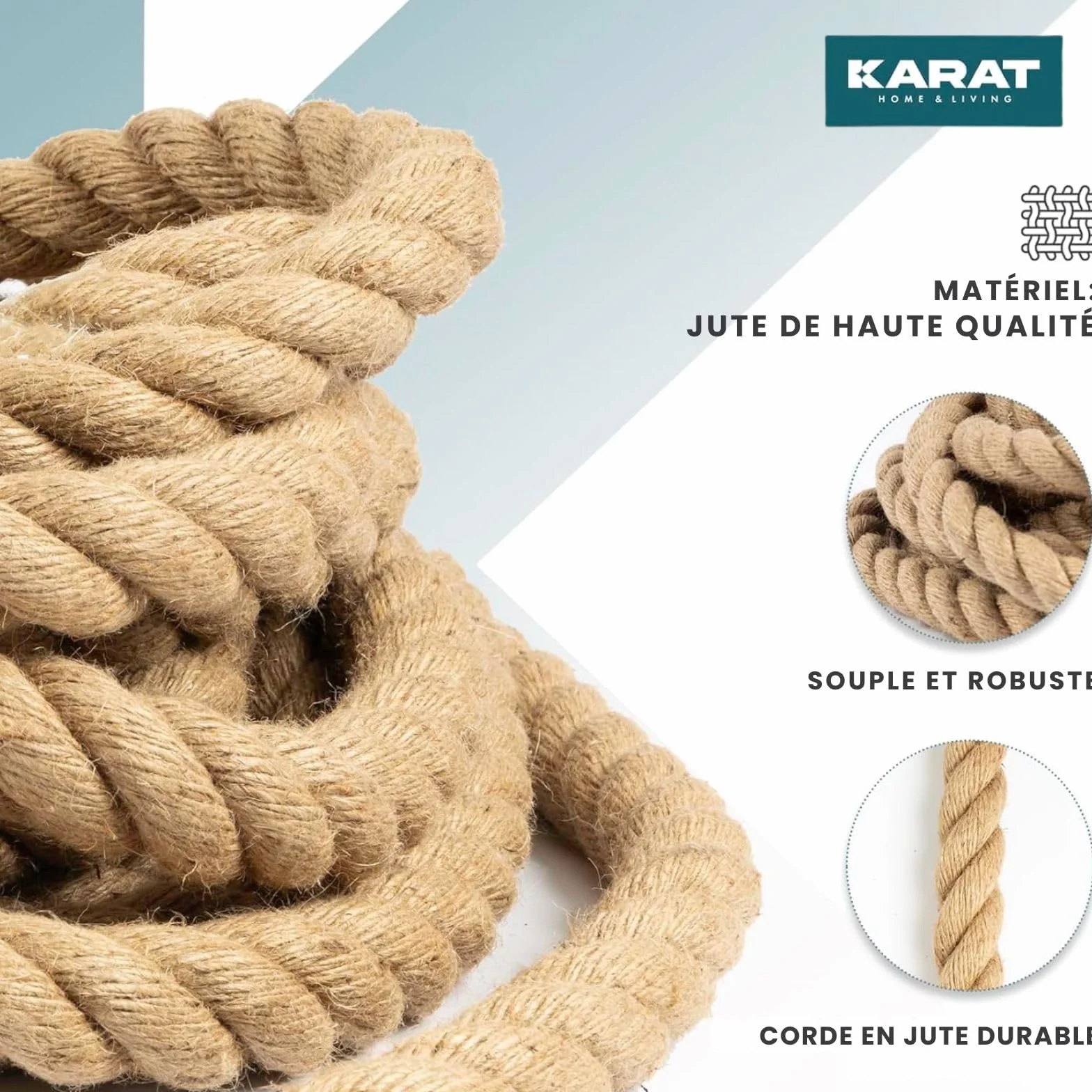 KARAT - Corde en Jute Torsadée - 100% Naturelle et Extra Solide - Idéale pour l'escalade, Le Sport, la Décoration de Jardin et Les Travaux Manuels - Diamètre 20mm, 50 Mètres
