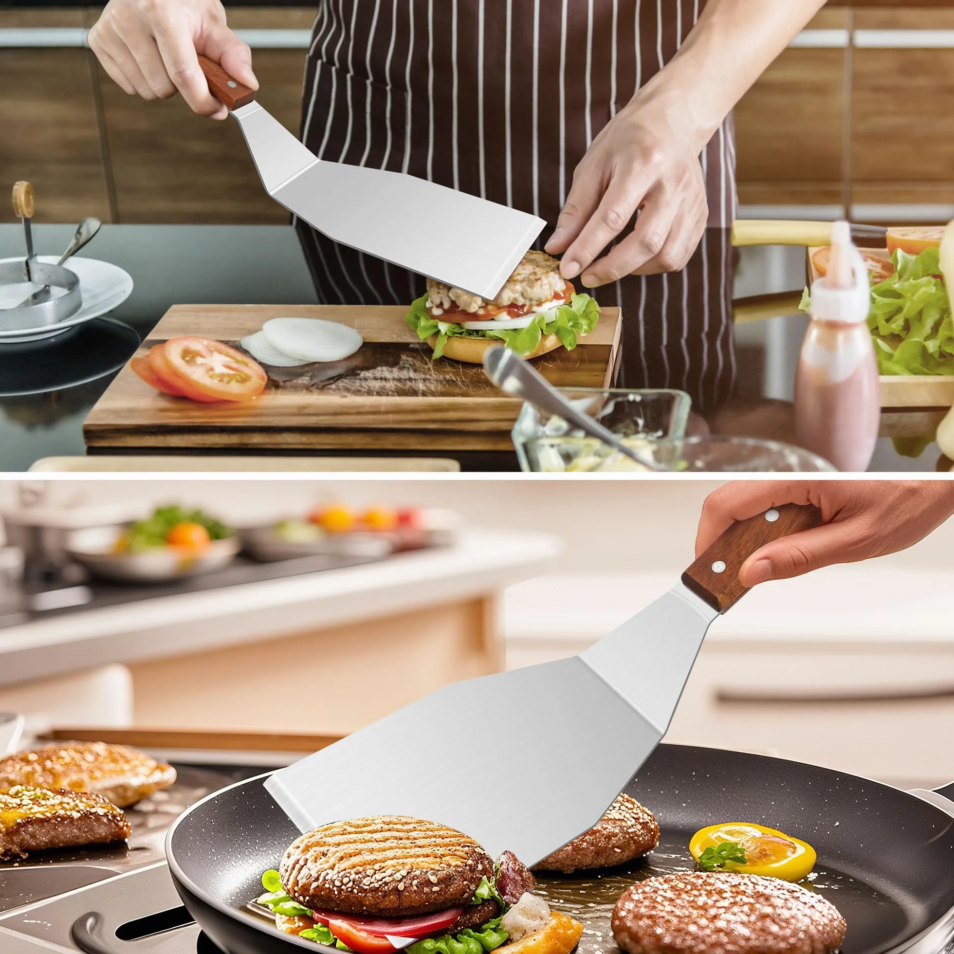 Spatule en inox 34x11 cm avec manche en bois résistante à la chaleur pour cuisine barbecue crêpe pizza
