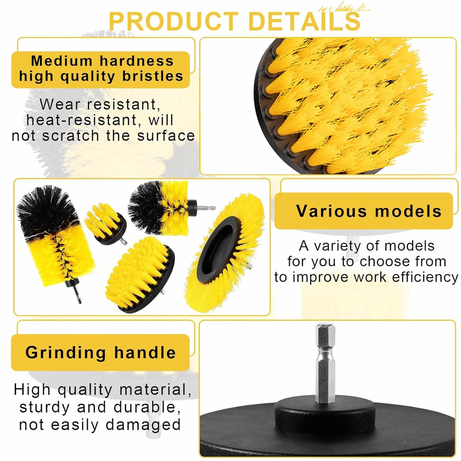 Kit de 3 Brosses pour Perceuse - Nettoyage Profond Voiture, Jantes, Carrelage & Cuisine - Accessoire pour Visseuse/Perceuse avec Têtes Conique, Plate et Ronde