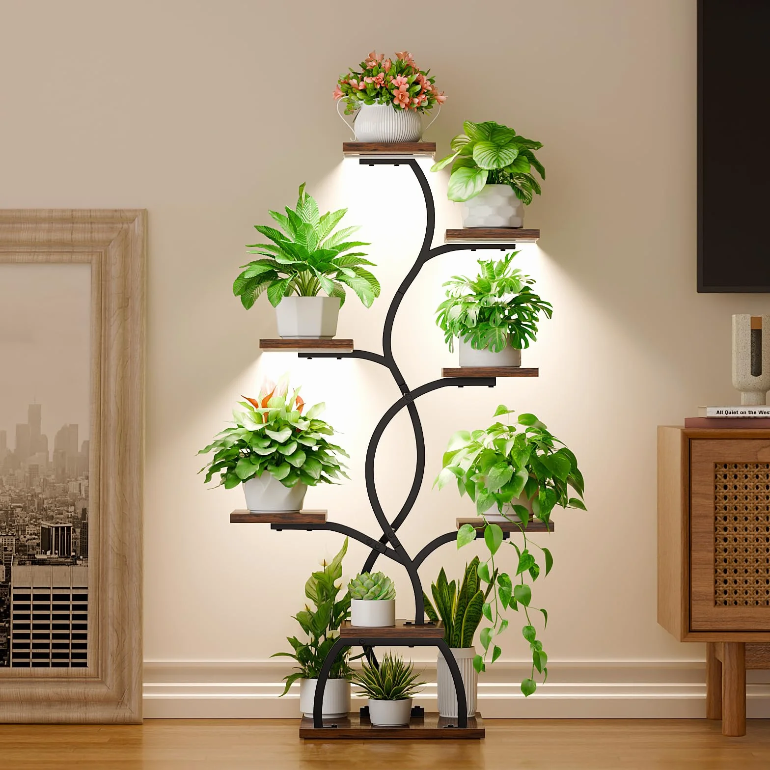 BACEKOLL Support pour plantes avec lumière de croissance 8 niveaux 124 cm Métal Bois Noir